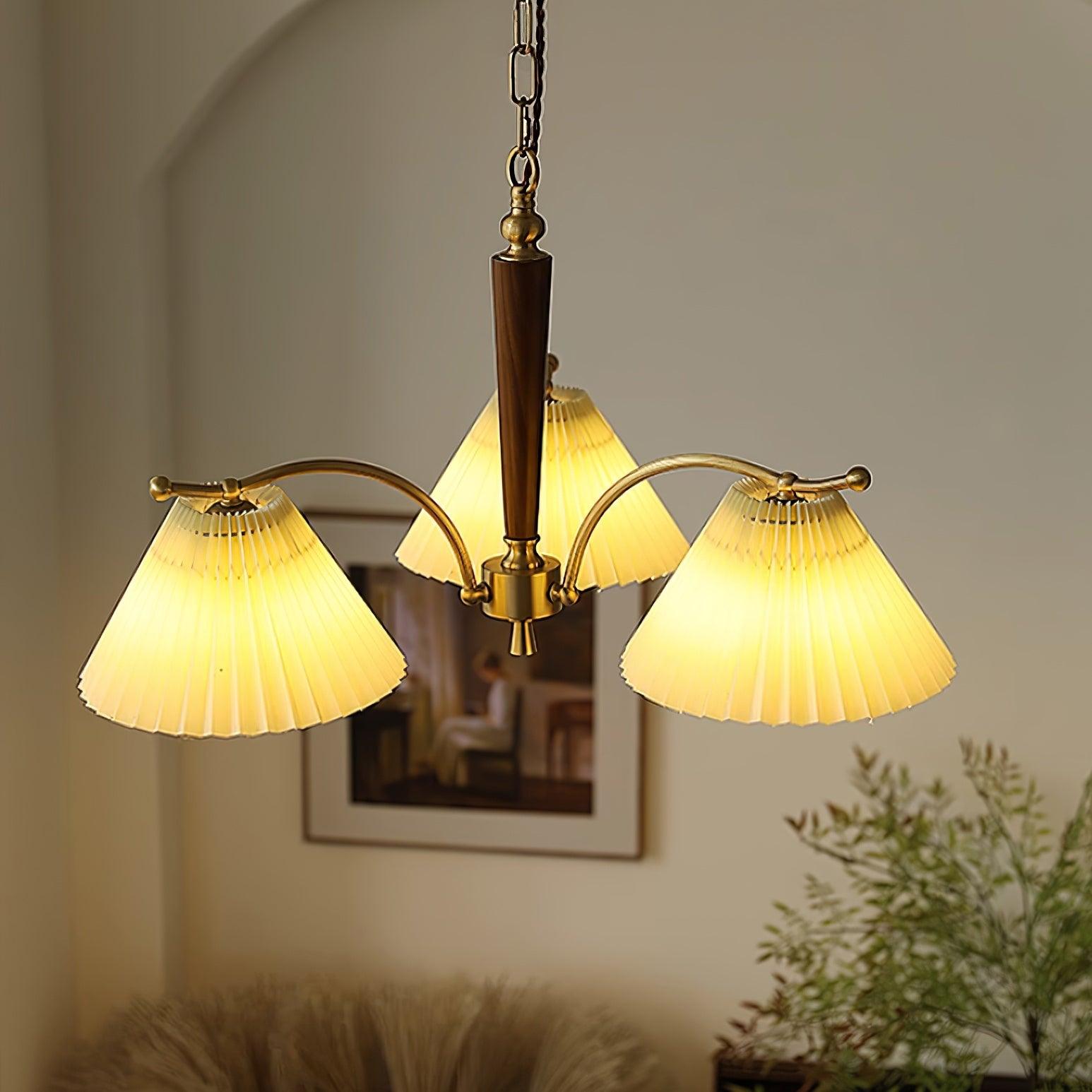 Chandelier Pleated Fabric Shades Walnut Brass Arms Warm Retro