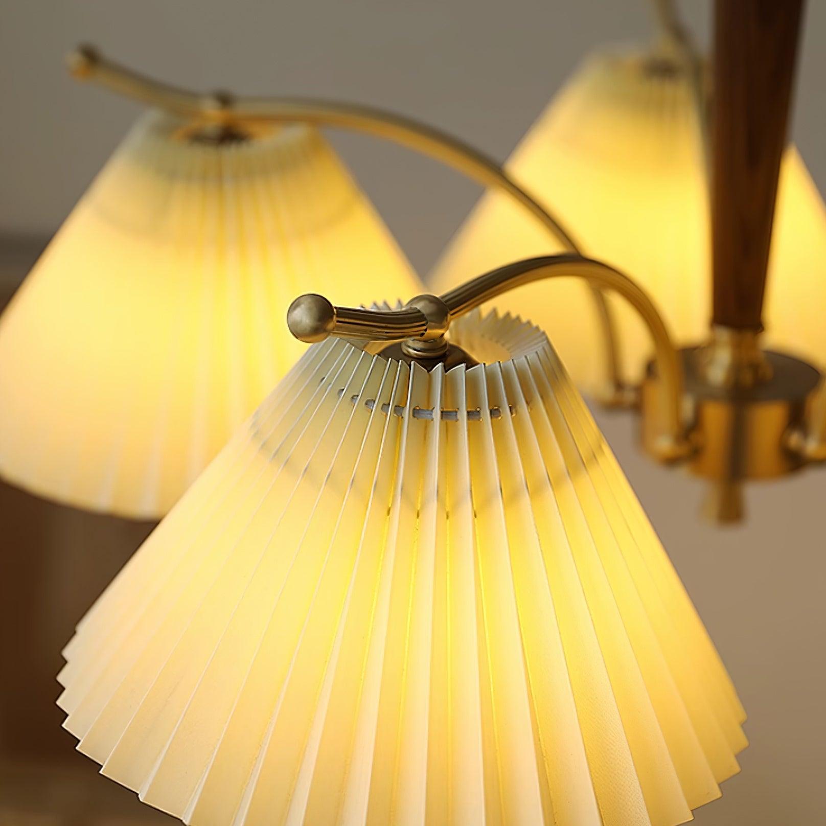 Chandelier Pleated Fabric Shades Walnut Brass Arms Warm Retro
