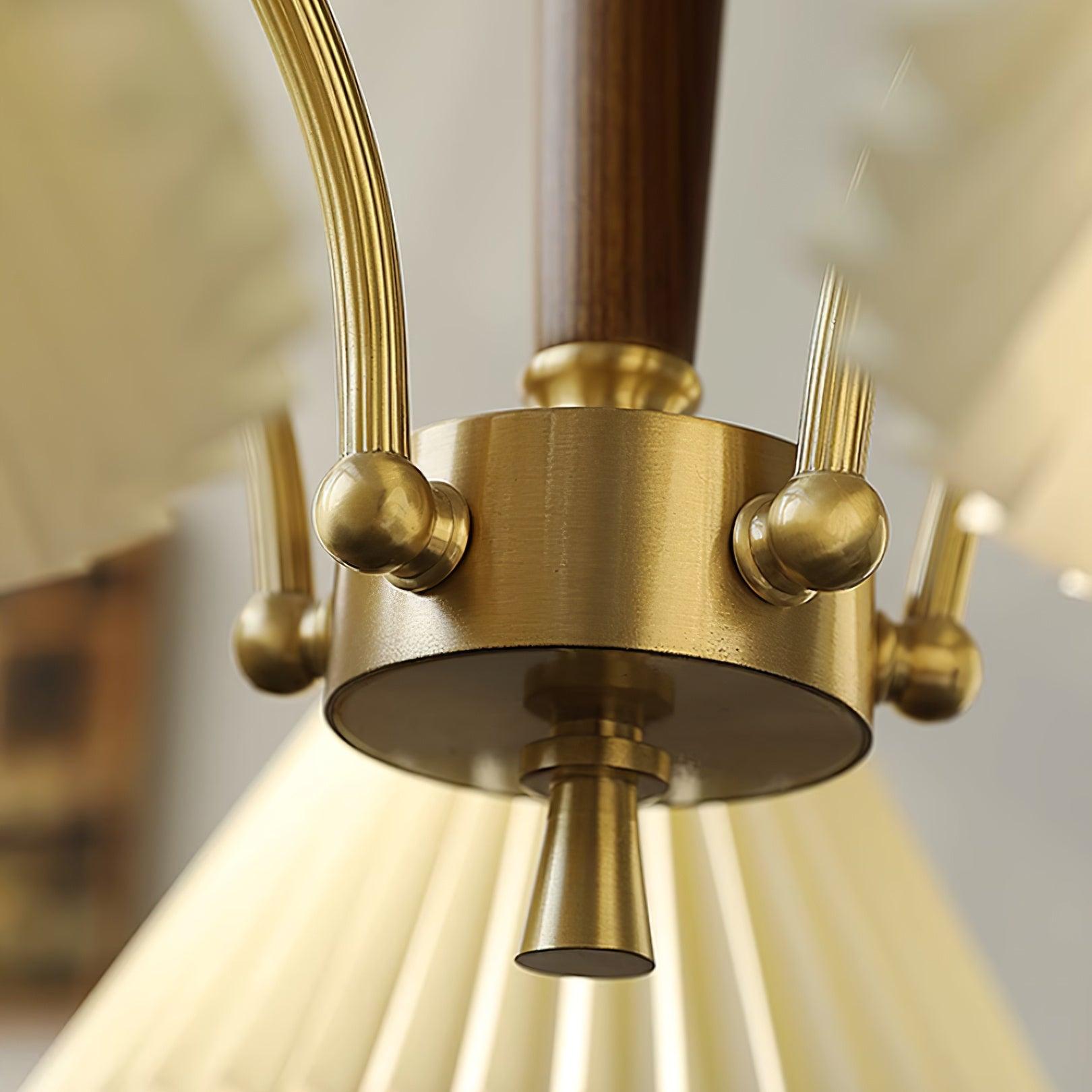 Chandelier Pleated Fabric Shades Walnut Brass Arms Warm Retro