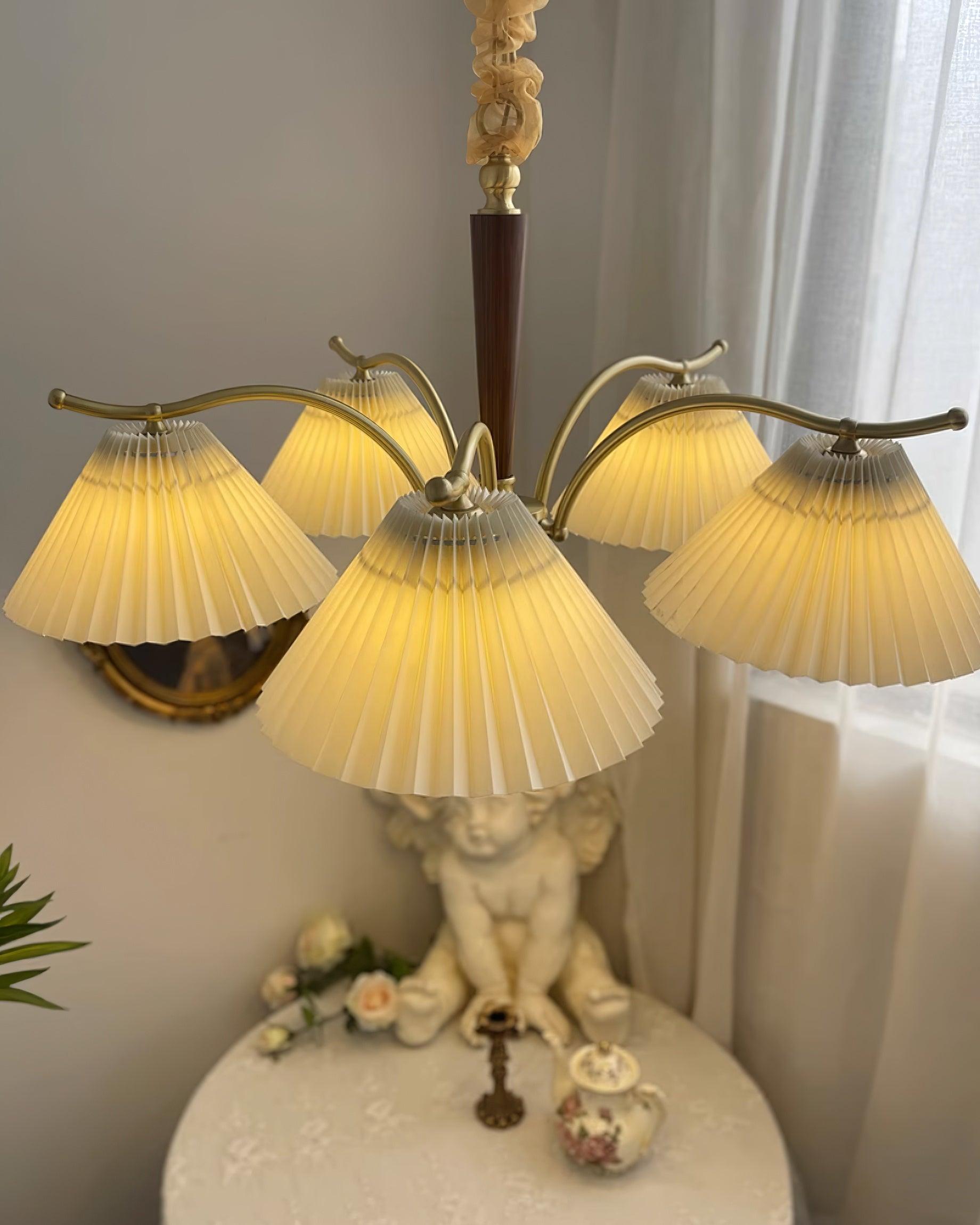 Chandelier Pleated Fabric Shades Walnut Brass Arms Warm Retro