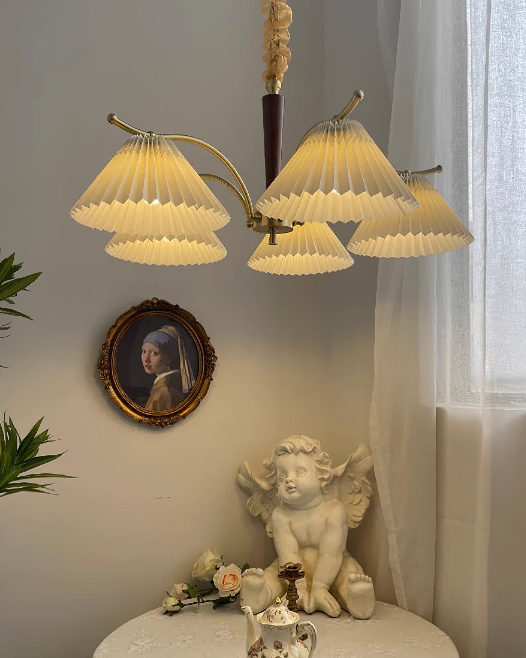 Chandelier Pleated Fabric Shades Walnut Brass Arms Warm Retro