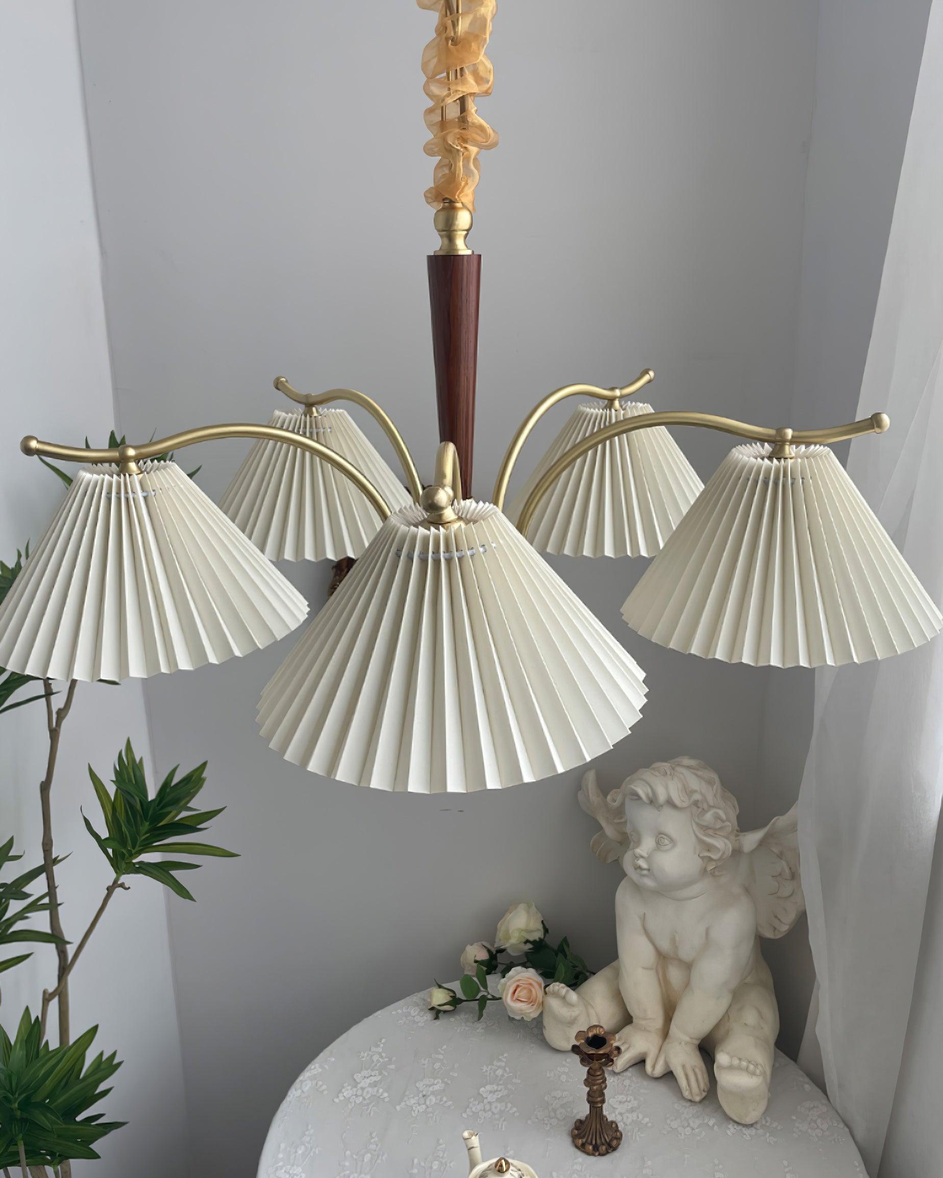 Chandelier Pleated Fabric Shades Walnut Brass Arms Warm Retro