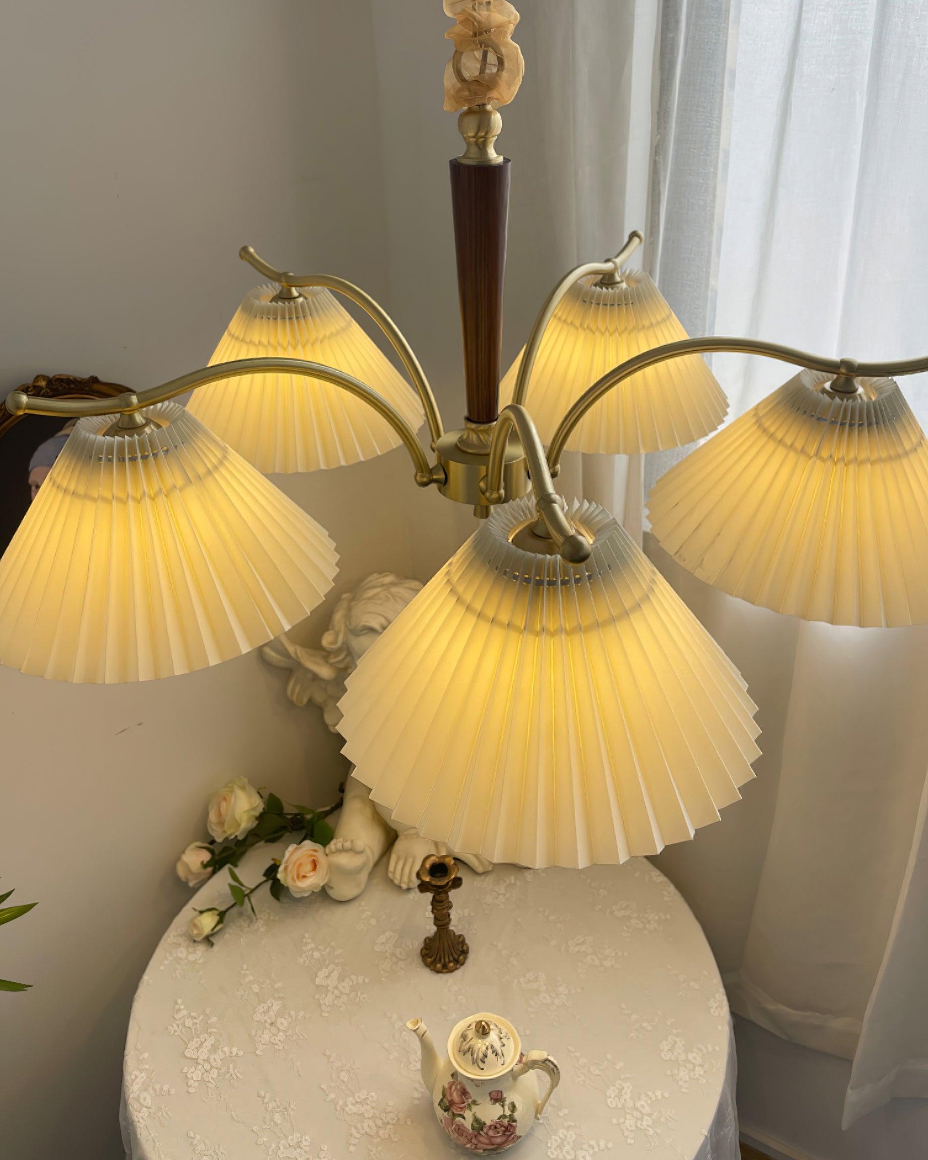 Chandelier Pleated Fabric Shades Walnut Brass Arms Warm Retro
