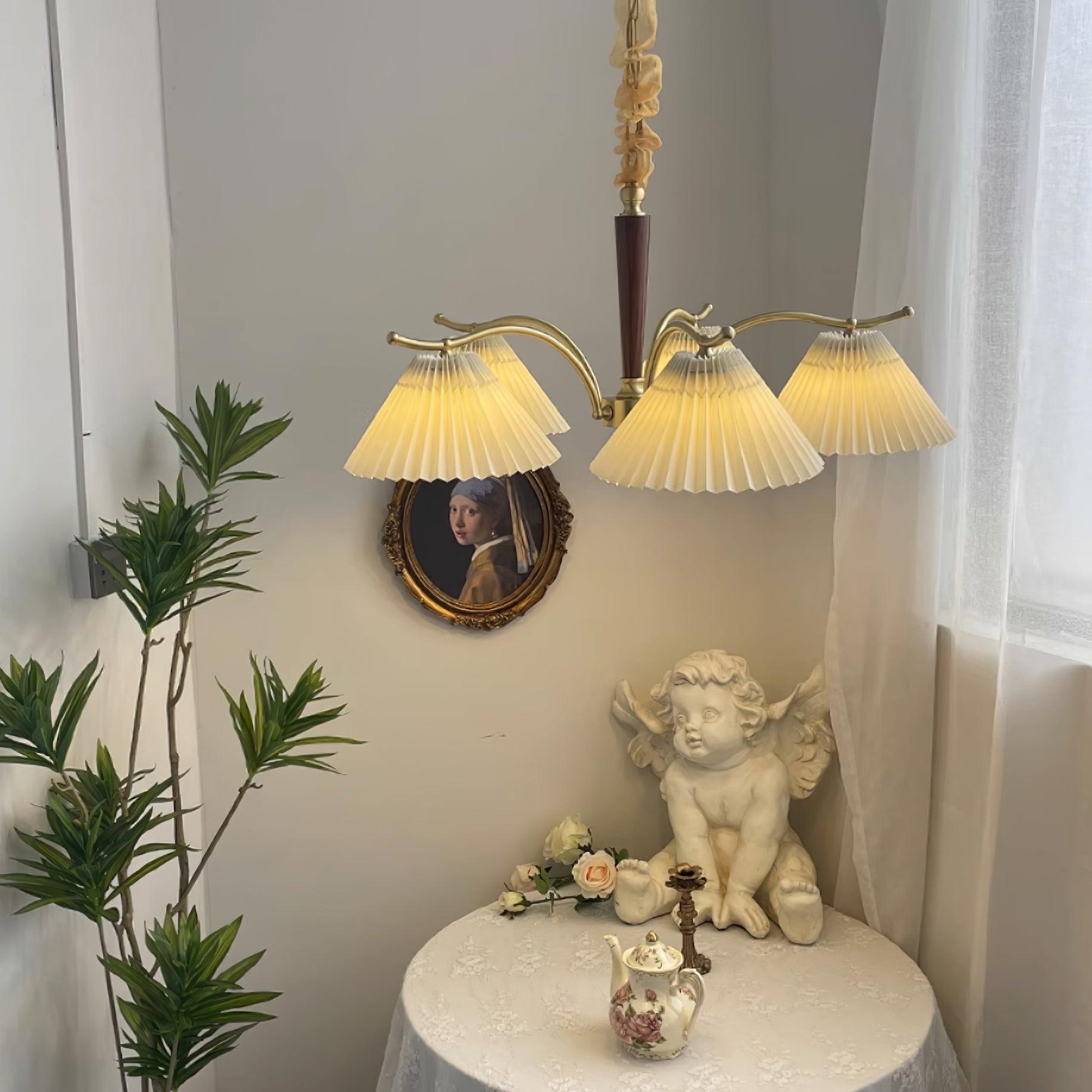 Chandelier Pleated Fabric Shades Walnut Brass Arms Warm Retro