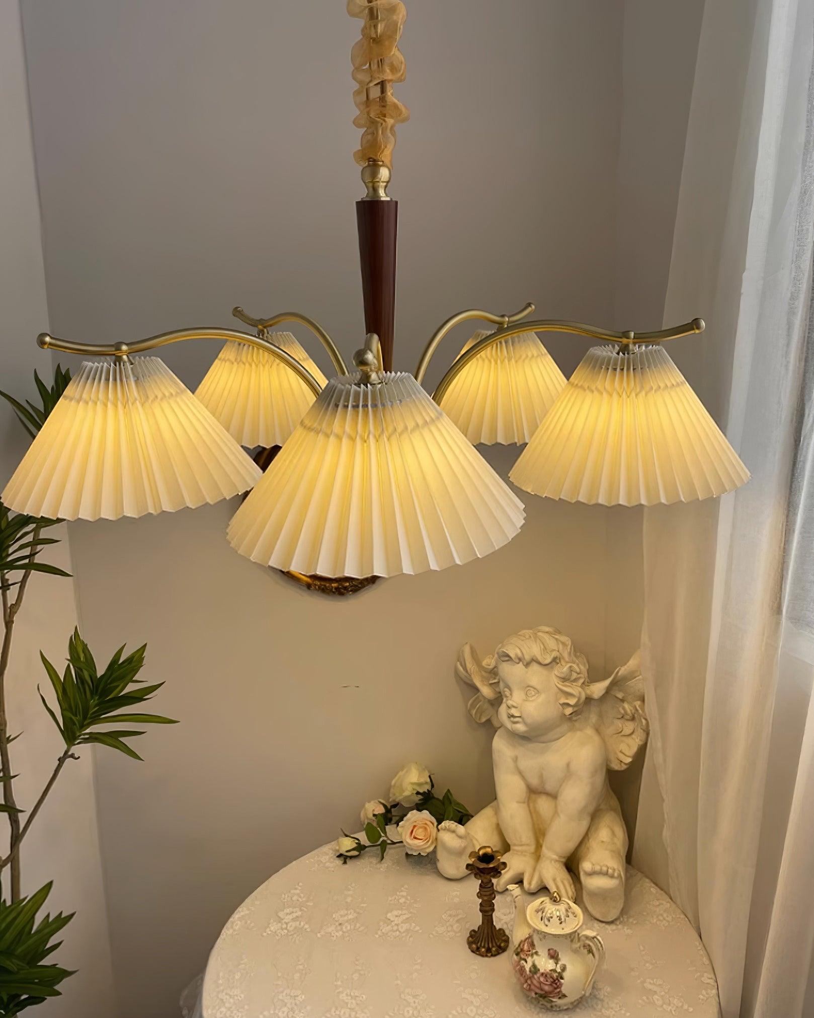 Chandelier Pleated Fabric Shades Walnut Brass Arms Warm Retro