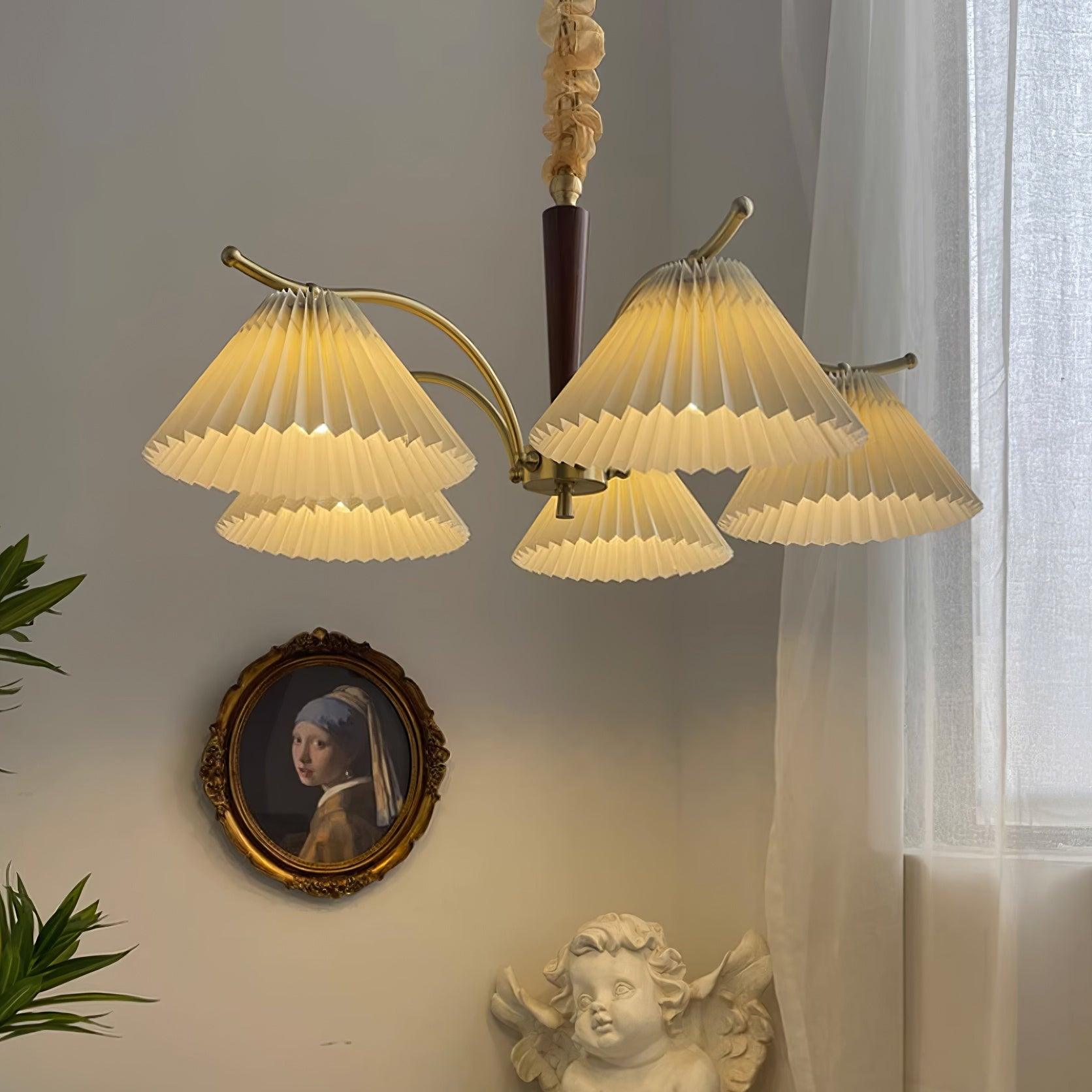 Chandelier Pleated Fabric Shades Walnut Brass Arms Warm Retro