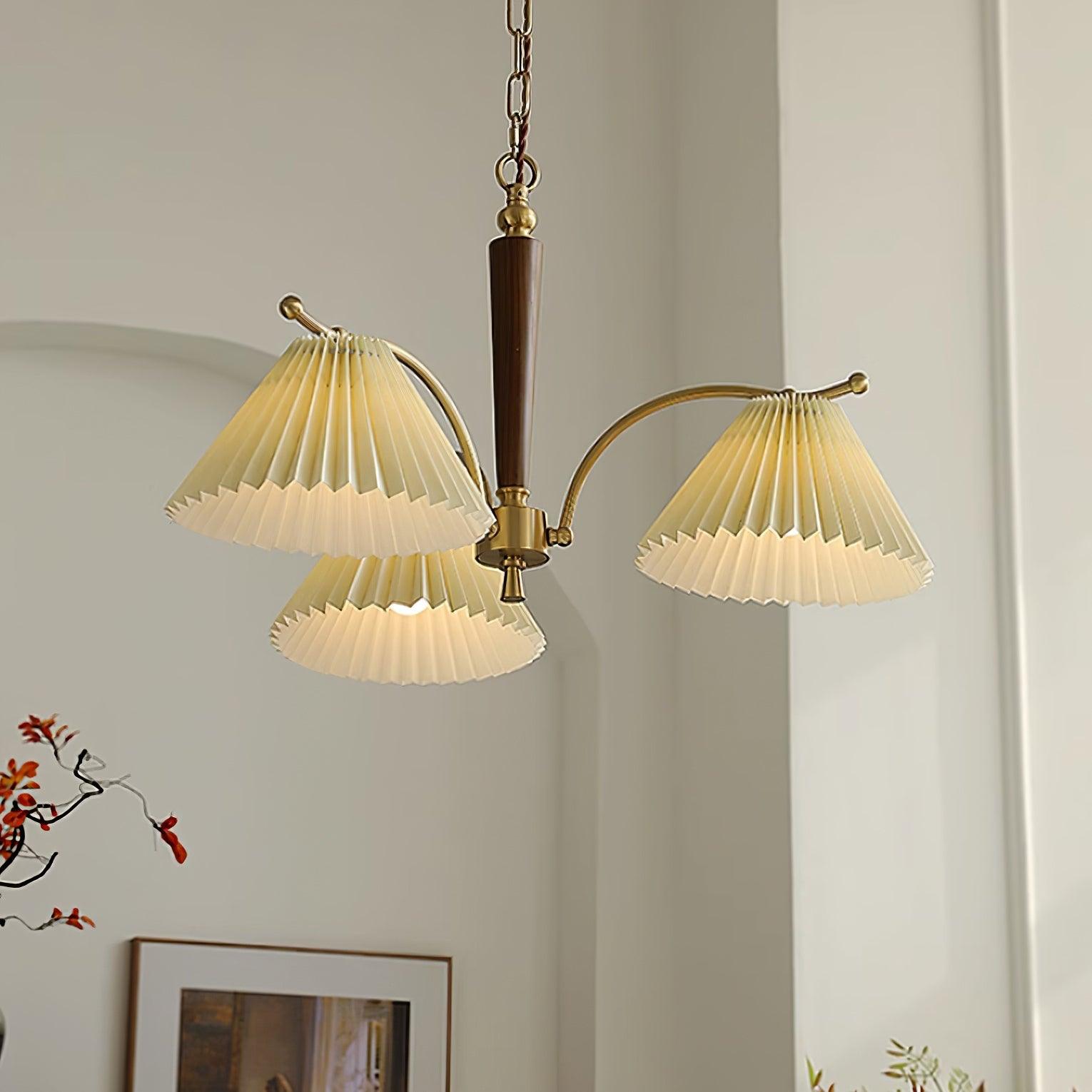 Chandelier Pleated Fabric Shades Walnut Brass Arms Warm Retro