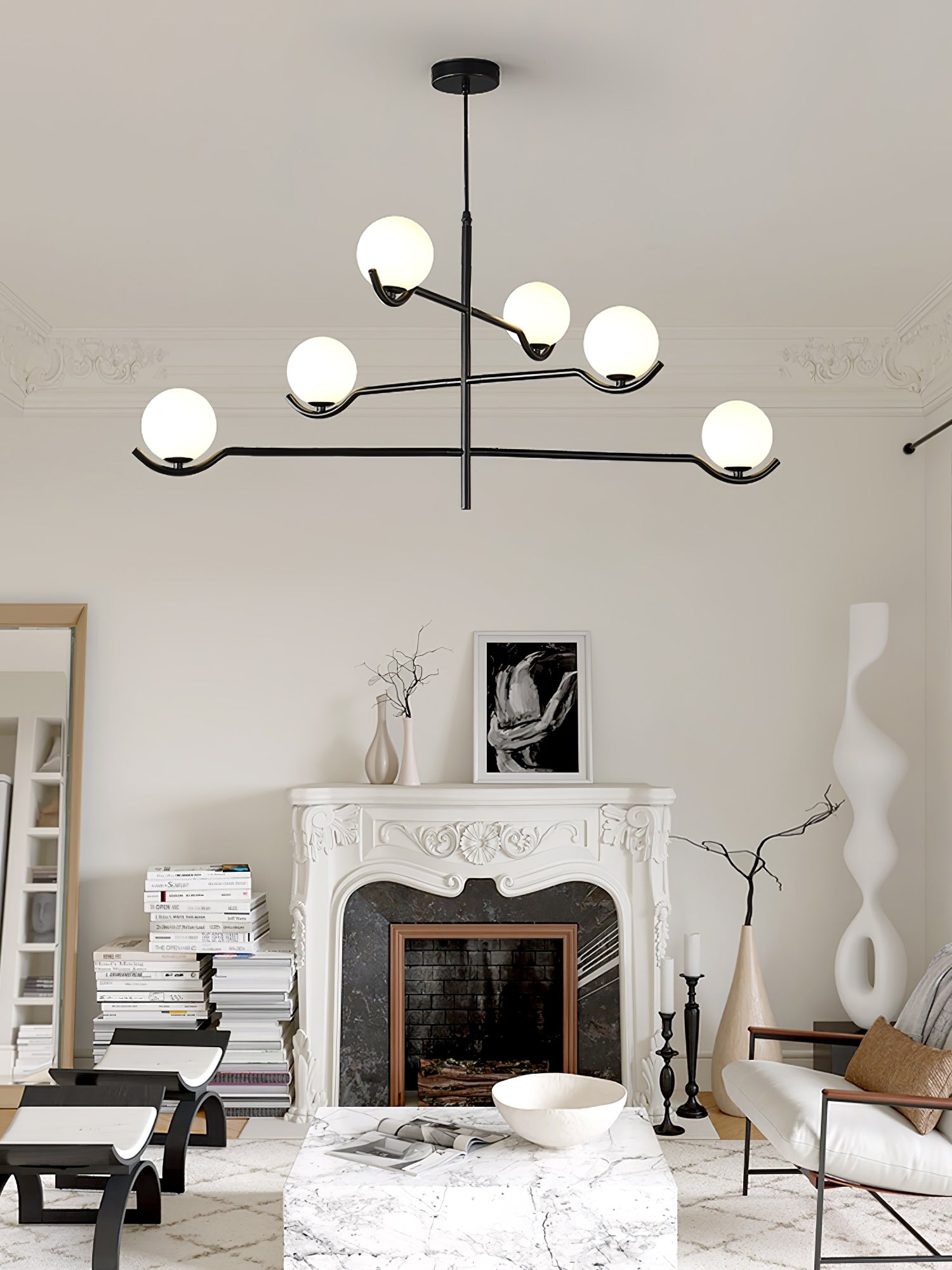 Elvian Chandelier White Globe Brass Minimalist-Neutral Decor