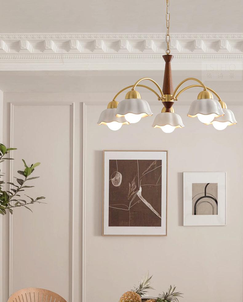 Lustra Chandelier Brass Wood Opaline Ceramic-Neutral Decor