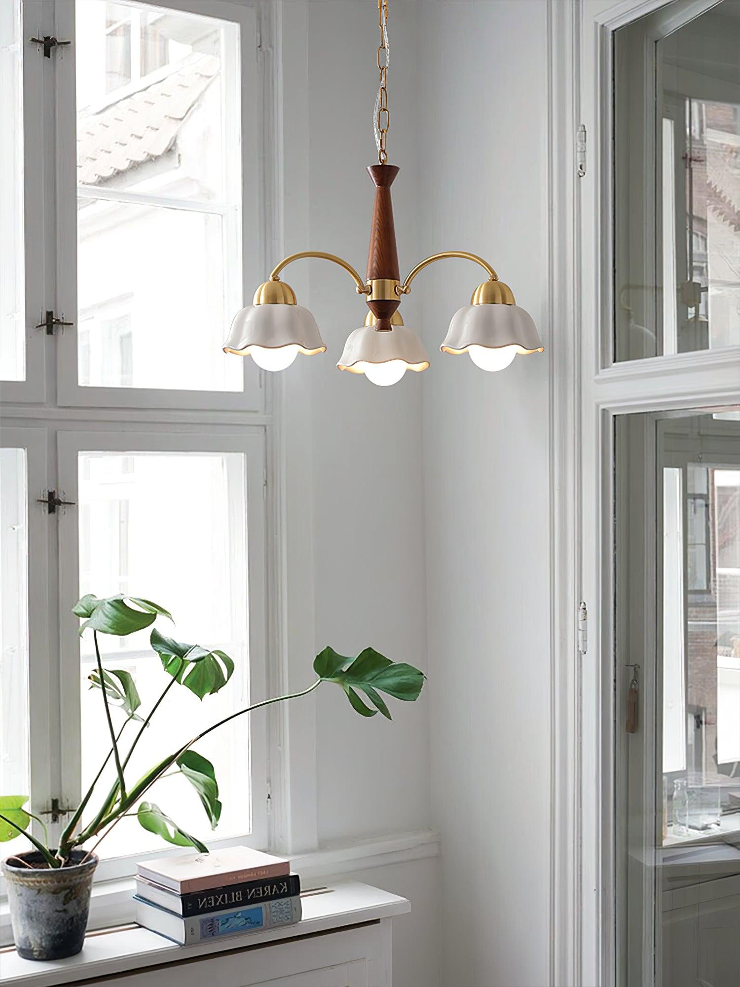 Lustra Chandelier Brass Wood Opaline Ceramic-Neutral Decor