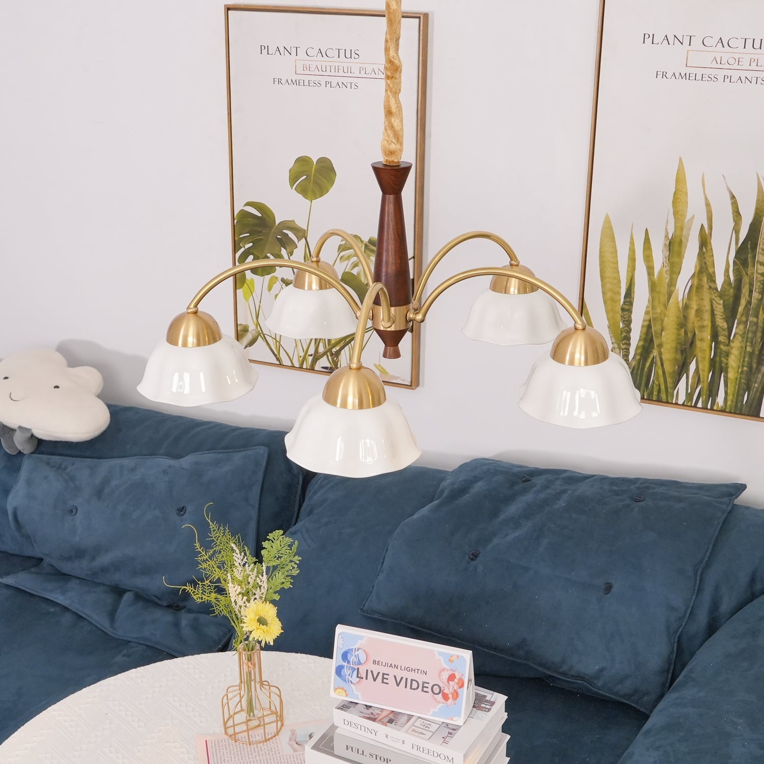 Lustra Chandelier Brass Wood Opaline Ceramic-Neutral Decor