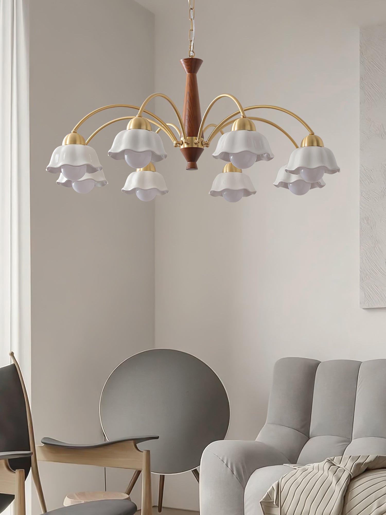 Lustra Chandelier Brass Wood Opaline Ceramic-Neutral Decor