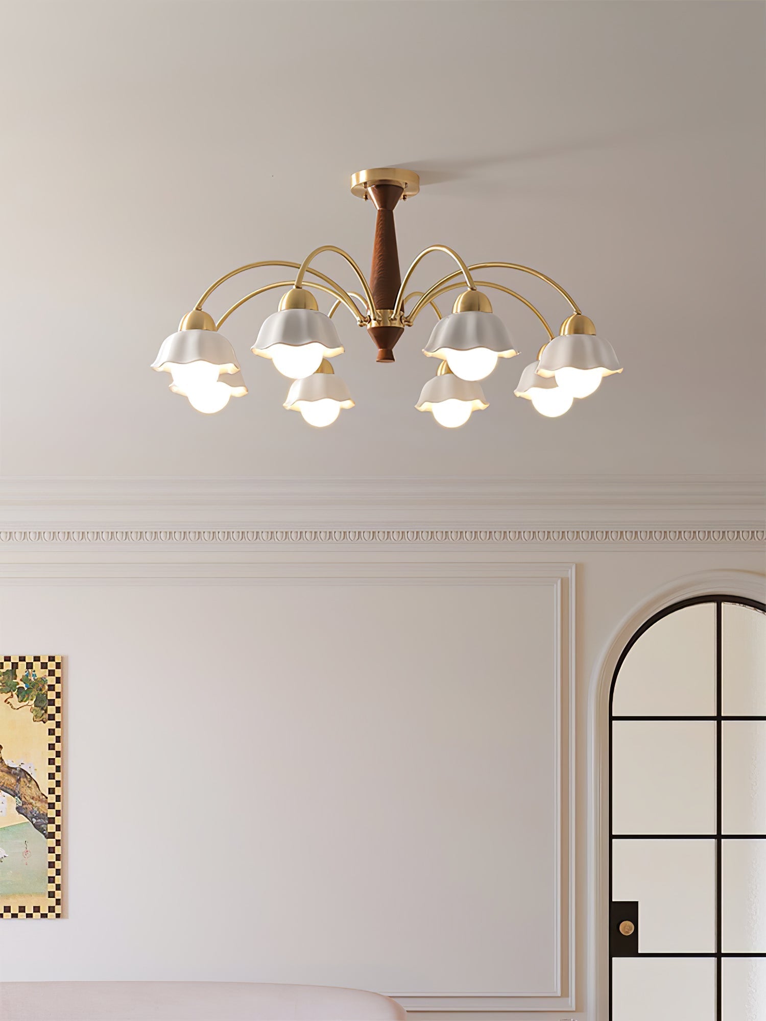 Lustra Chandelier Brass Wood Opaline Ceramic-Neutral Decor