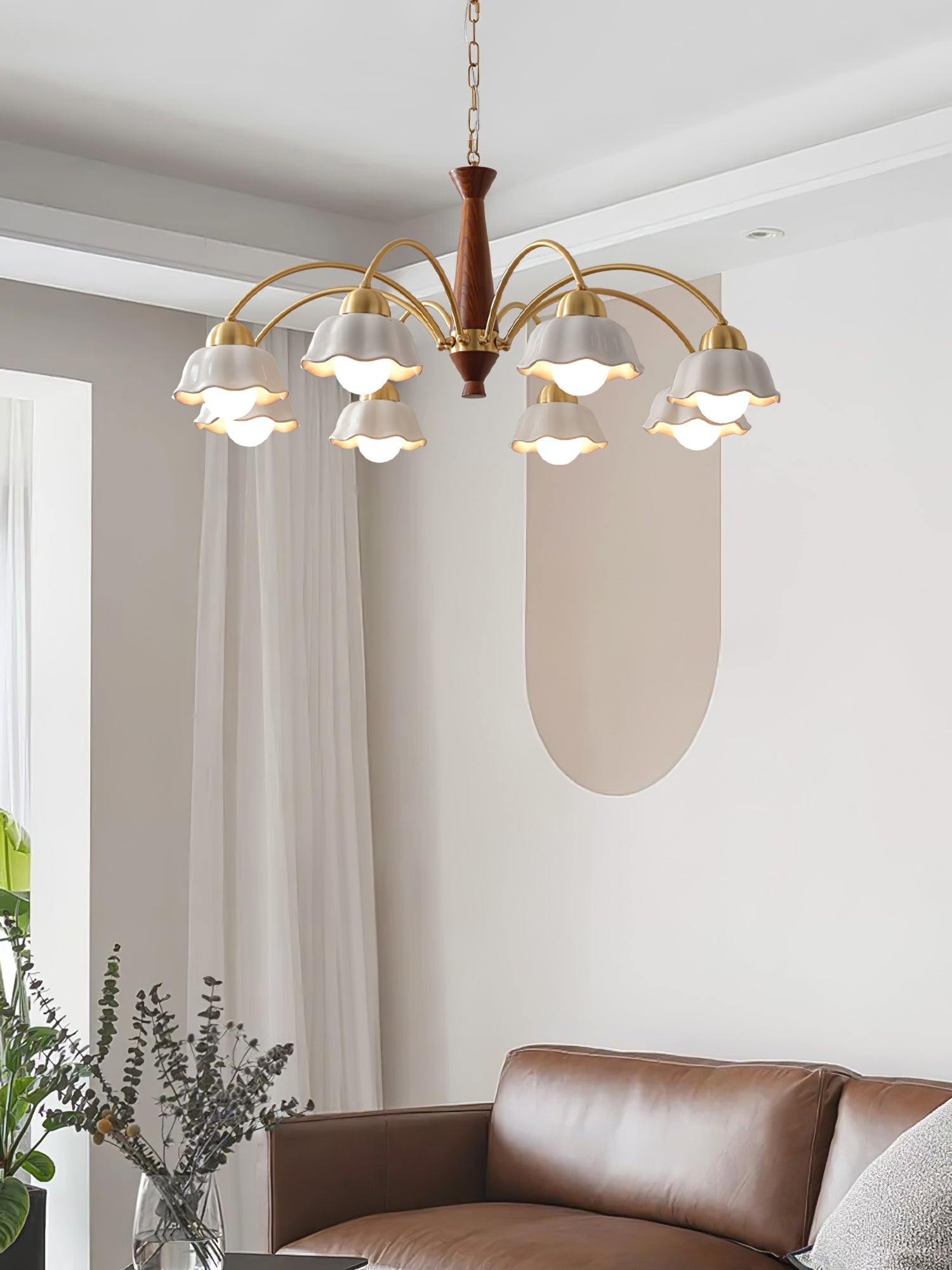 Lustra Chandelier Brass Wood Opaline Ceramic-Neutral Decor