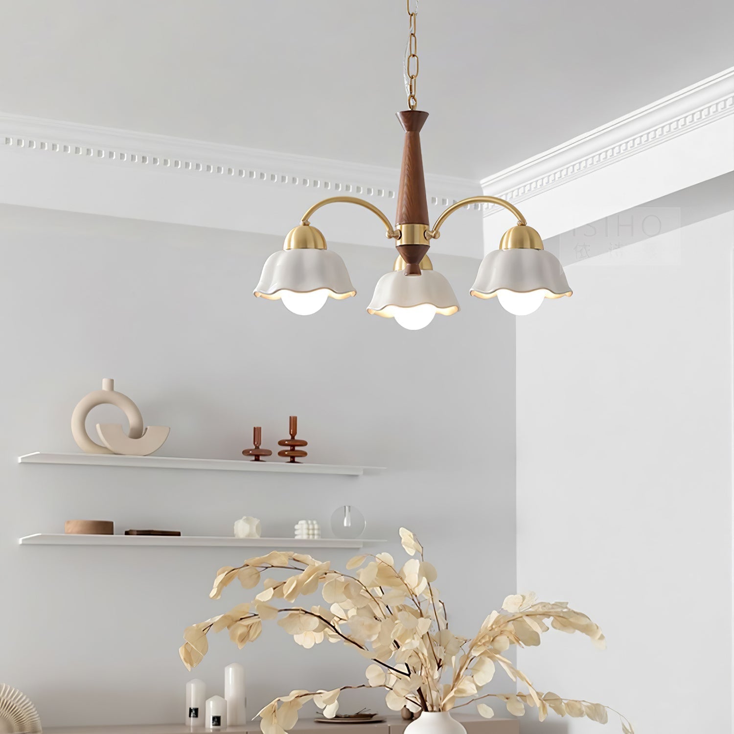Lustra Chandelier Brass Wood Opaline Ceramic-Neutral Decor