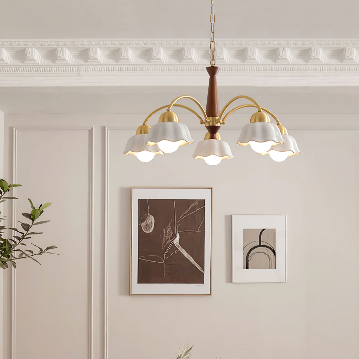 Lustra Chandelier Brass Wood Opaline Ceramic-Neutral Decor