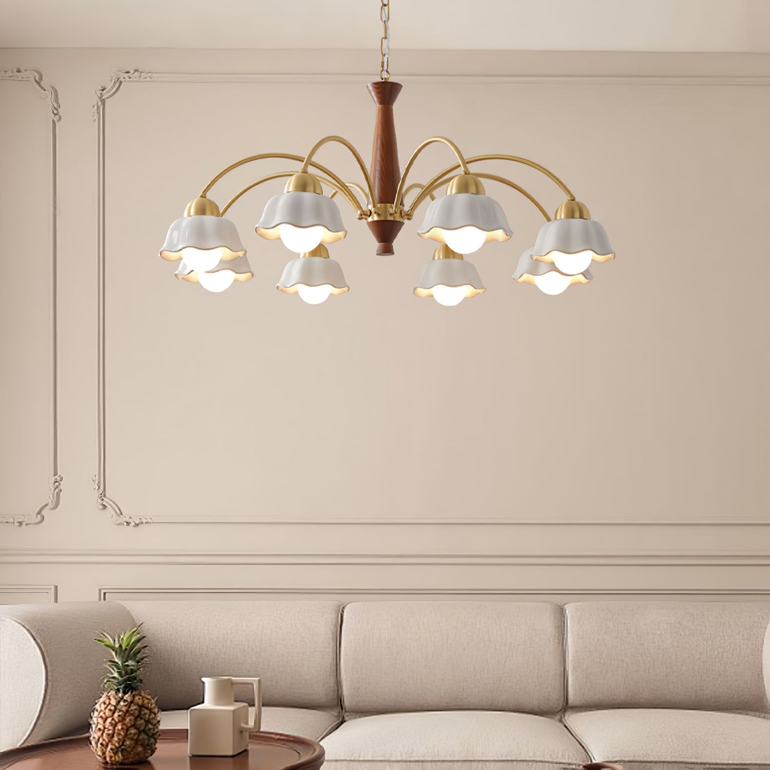Lustra Chandelier Brass Wood Opaline Ceramic-Neutral Decor