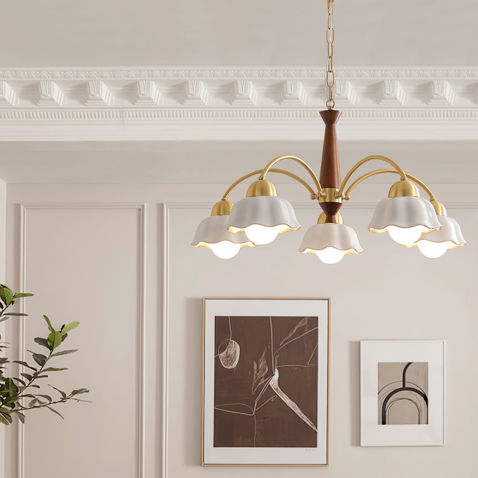 Lustra Chandelier Brass Wood Opaline Ceramic-Neutral Decor