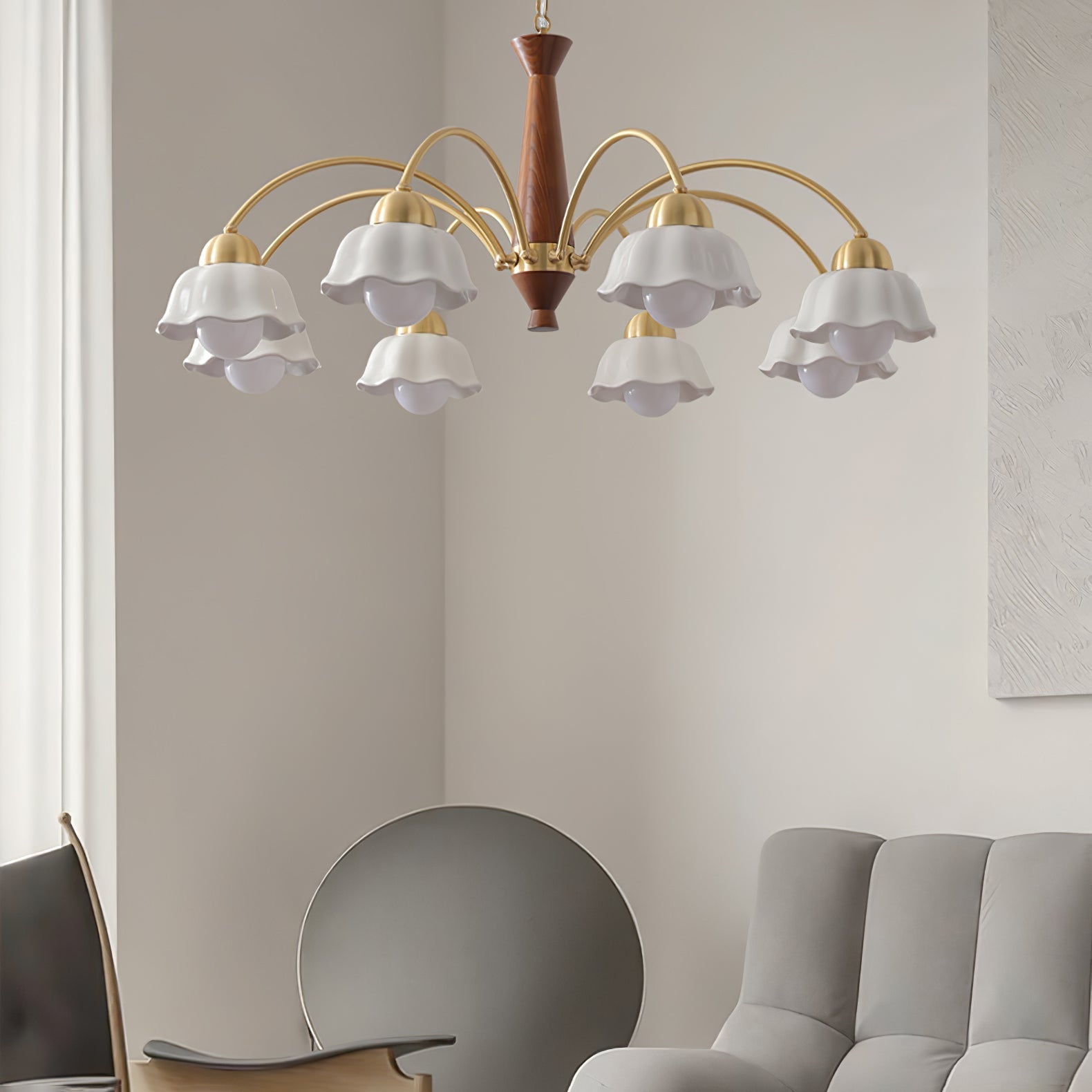 Lustra Chandelier Brass Wood Opaline Ceramic-Neutral Decor