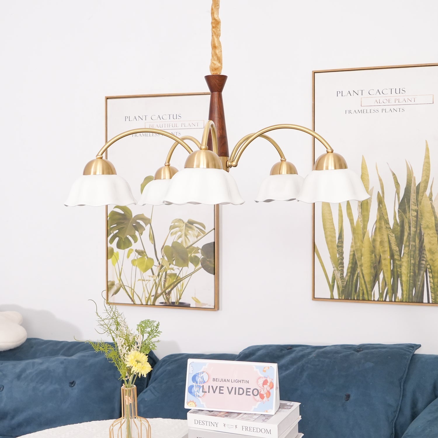 Lustra Chandelier Brass Wood Opaline Ceramic-Neutral Decor