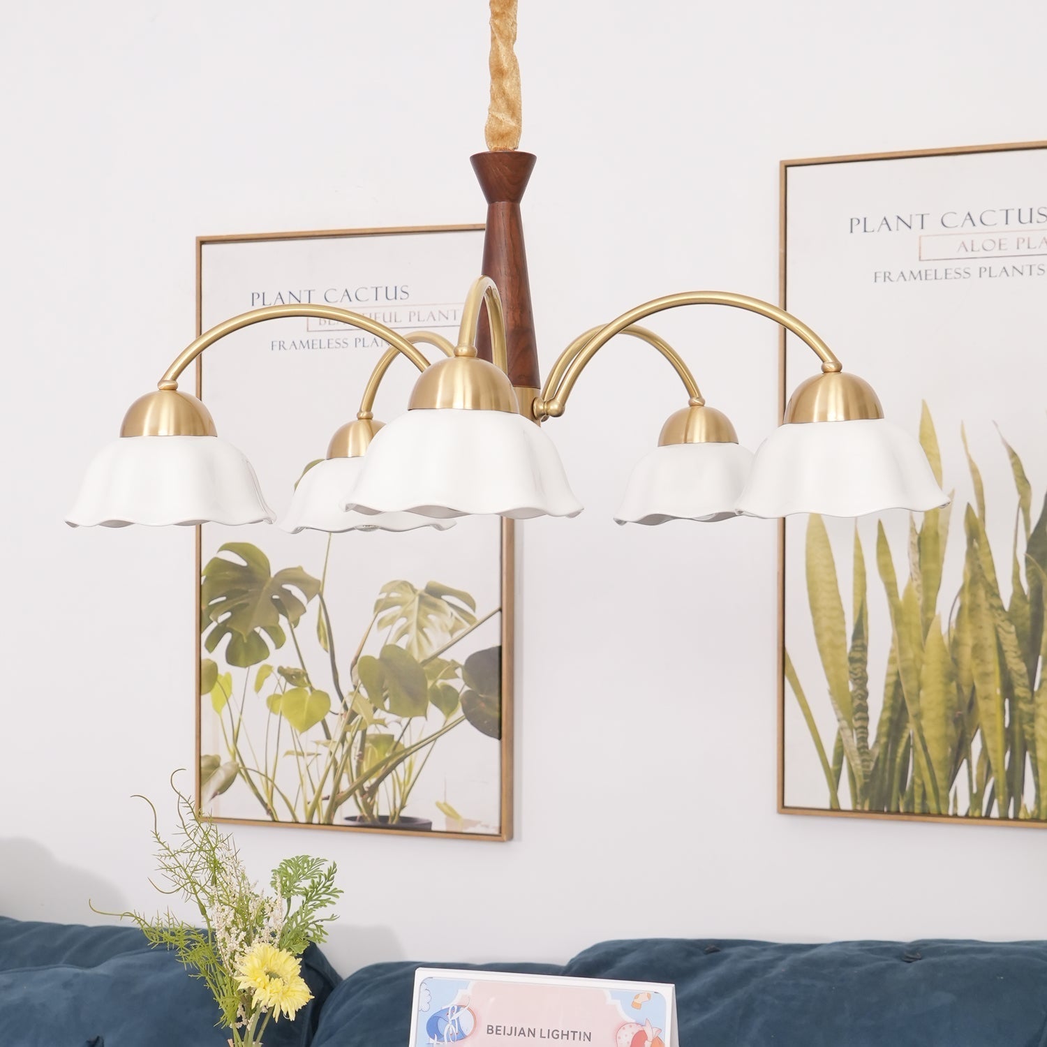 Lustra Chandelier Brass Wood Opaline Ceramic-Neutral Decor
