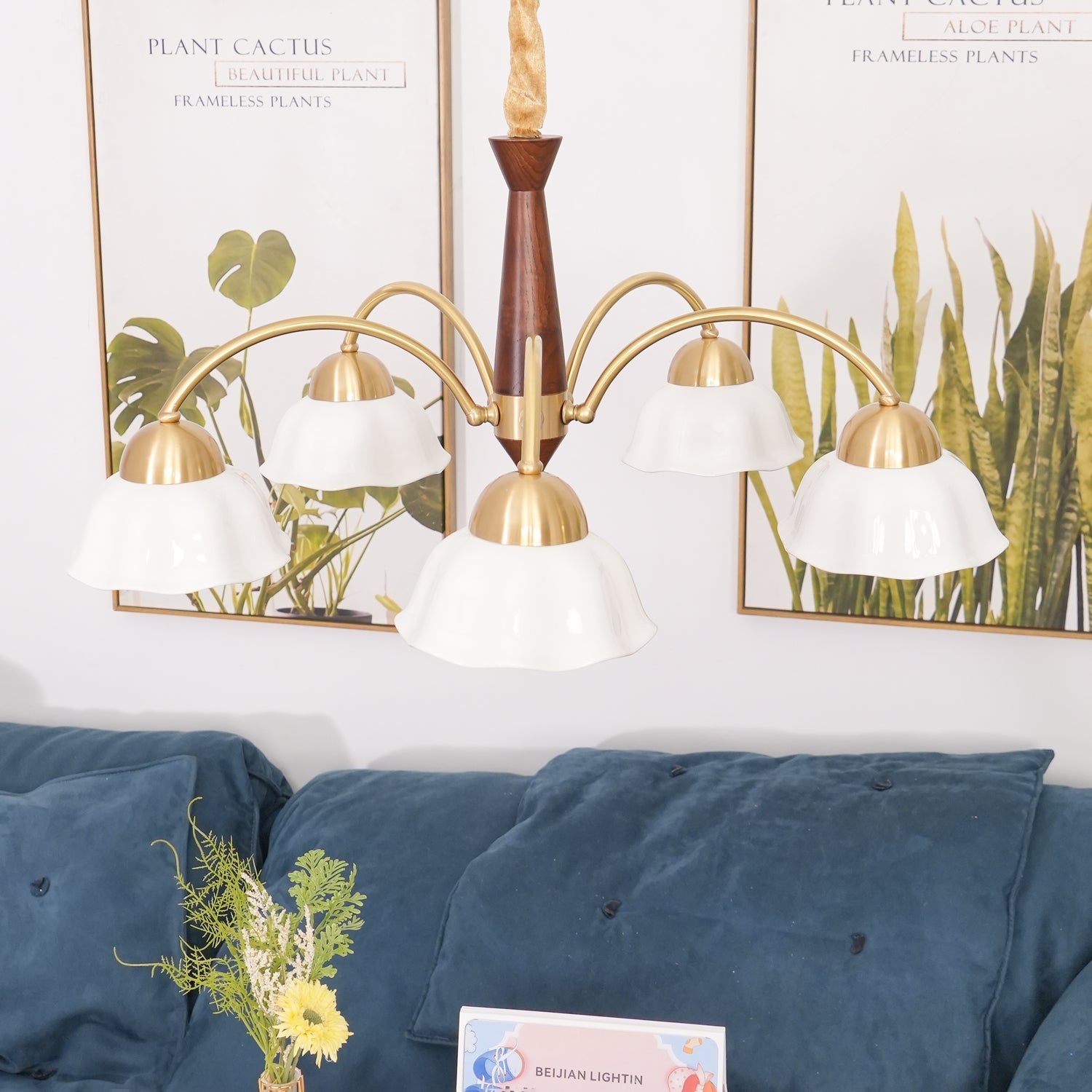 Lustra Chandelier Brass Wood Opaline Ceramic-Neutral Decor