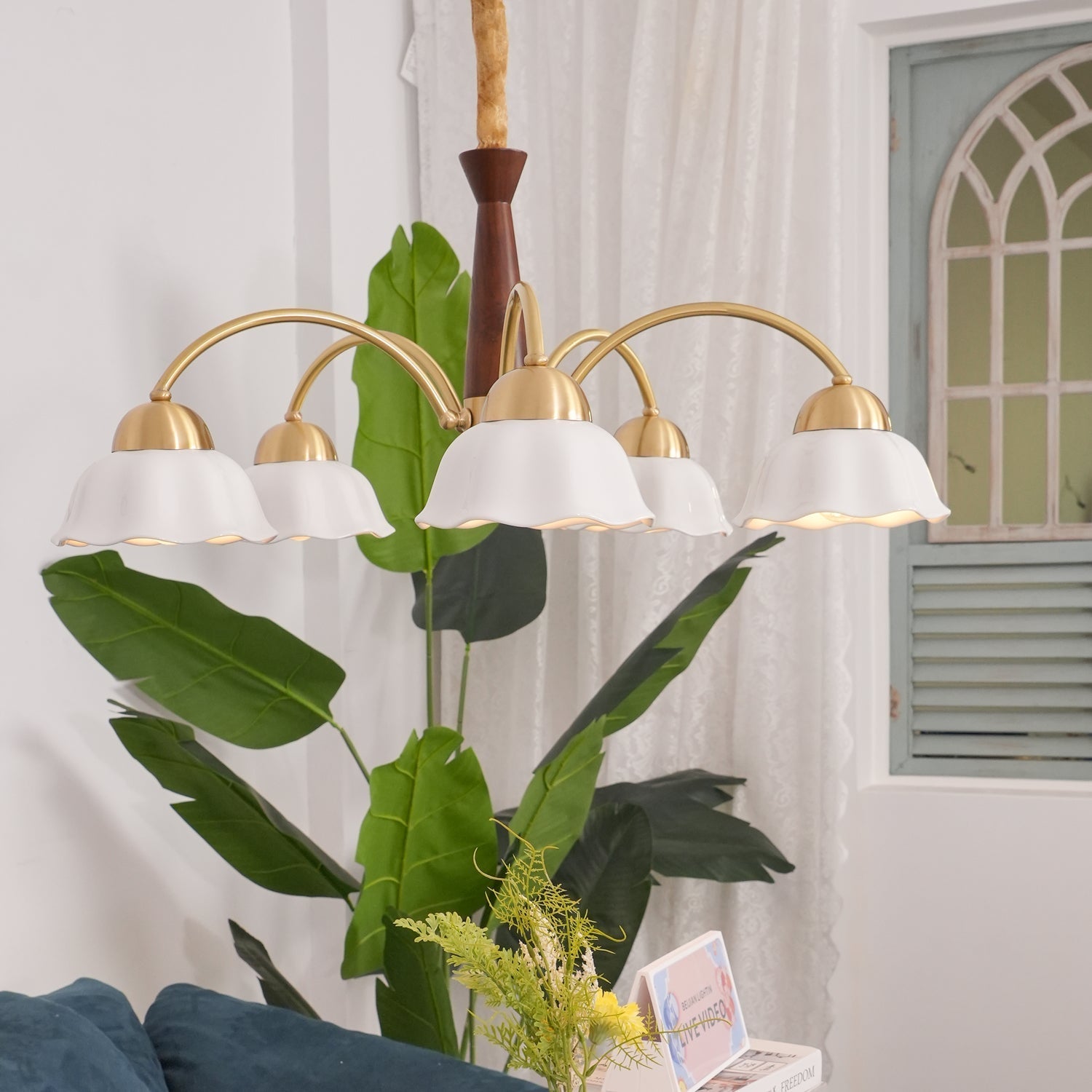 Lustra Chandelier Brass Wood Opaline Ceramic-Neutral Decor