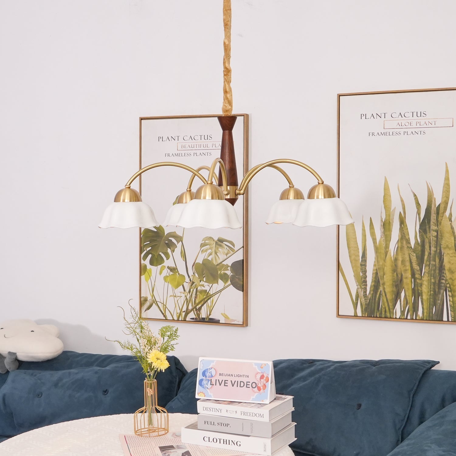 Lustra Chandelier Brass Wood Opaline Ceramic-Neutral Decor