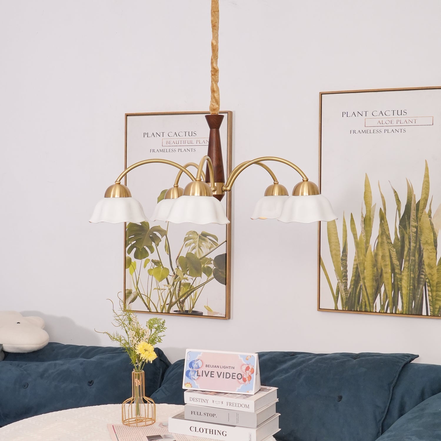 Lustra Chandelier Brass Wood Opaline Ceramic-Neutral Decor