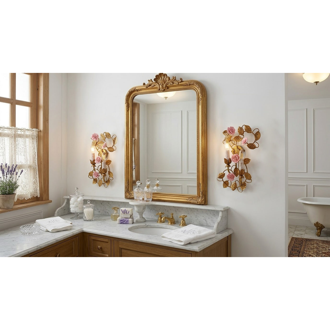 A pair of Symphony Rose Basket Sconces shown as a set.