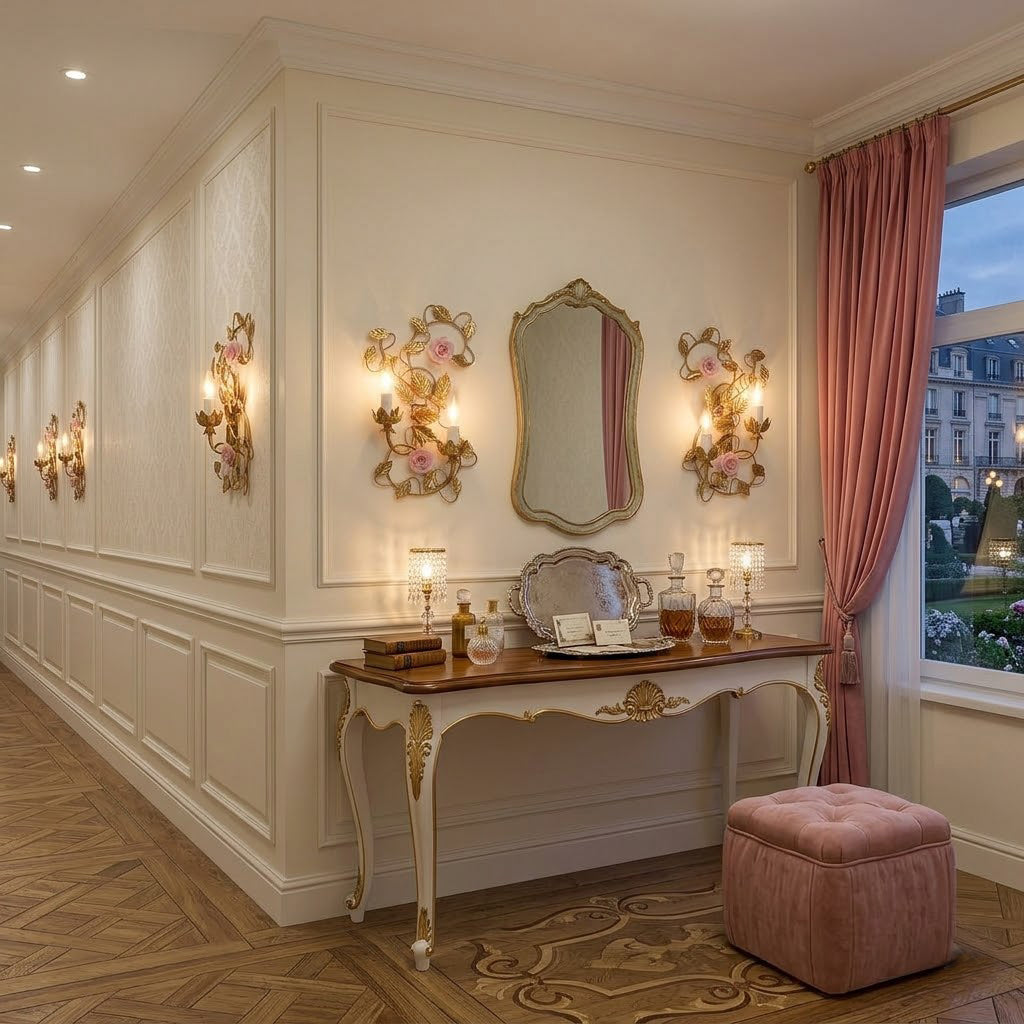 The sconce illuminated, highlighting the warm glow on the ceramic flowers.
