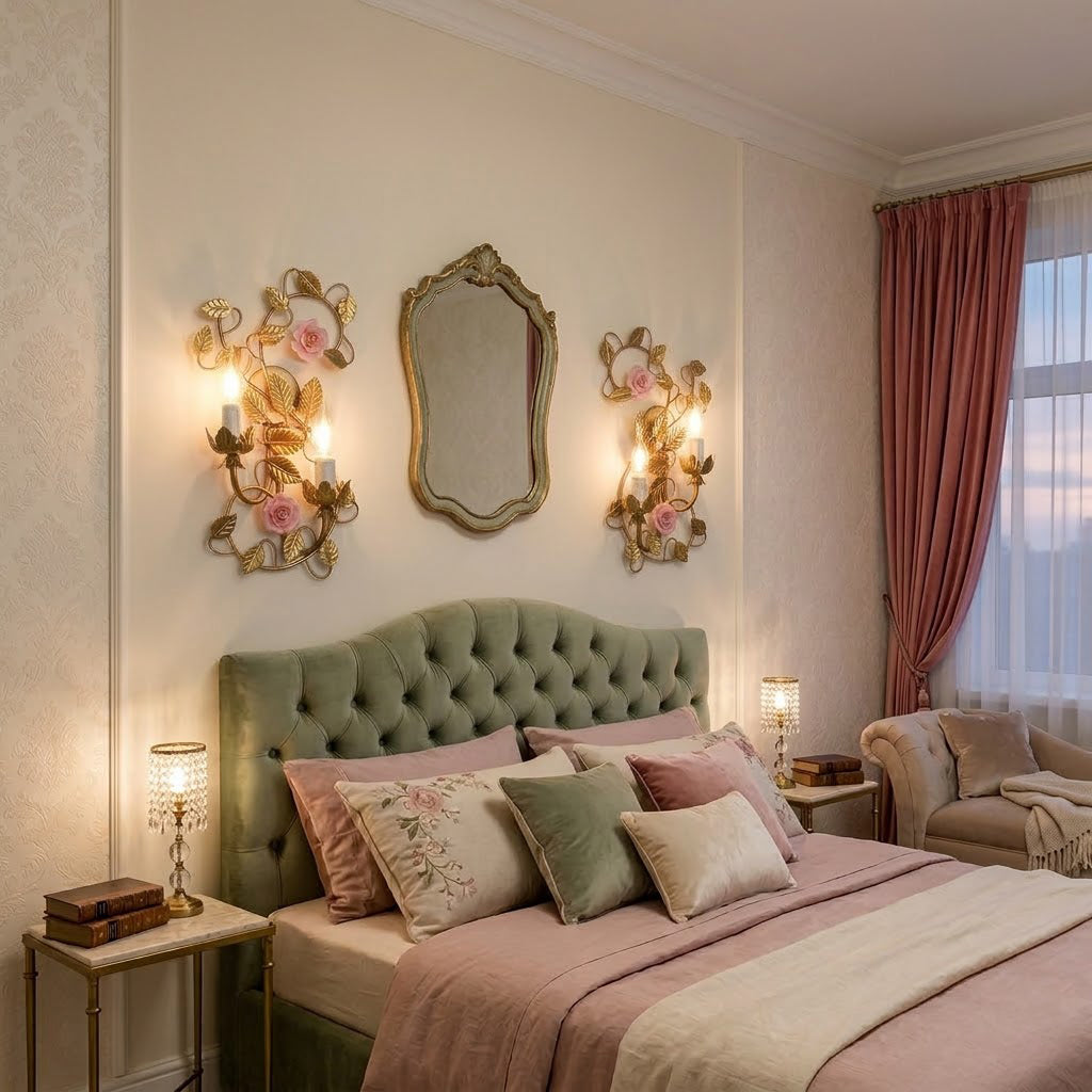 Lifestyle image of the sconce providing ambient light next to a bed.