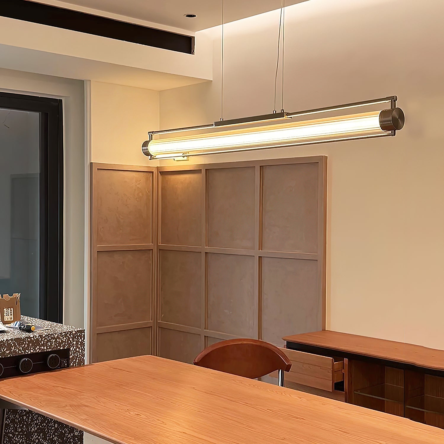 View from below the Tamar Wand Pendant Lamp, highlighting the integrated LED.