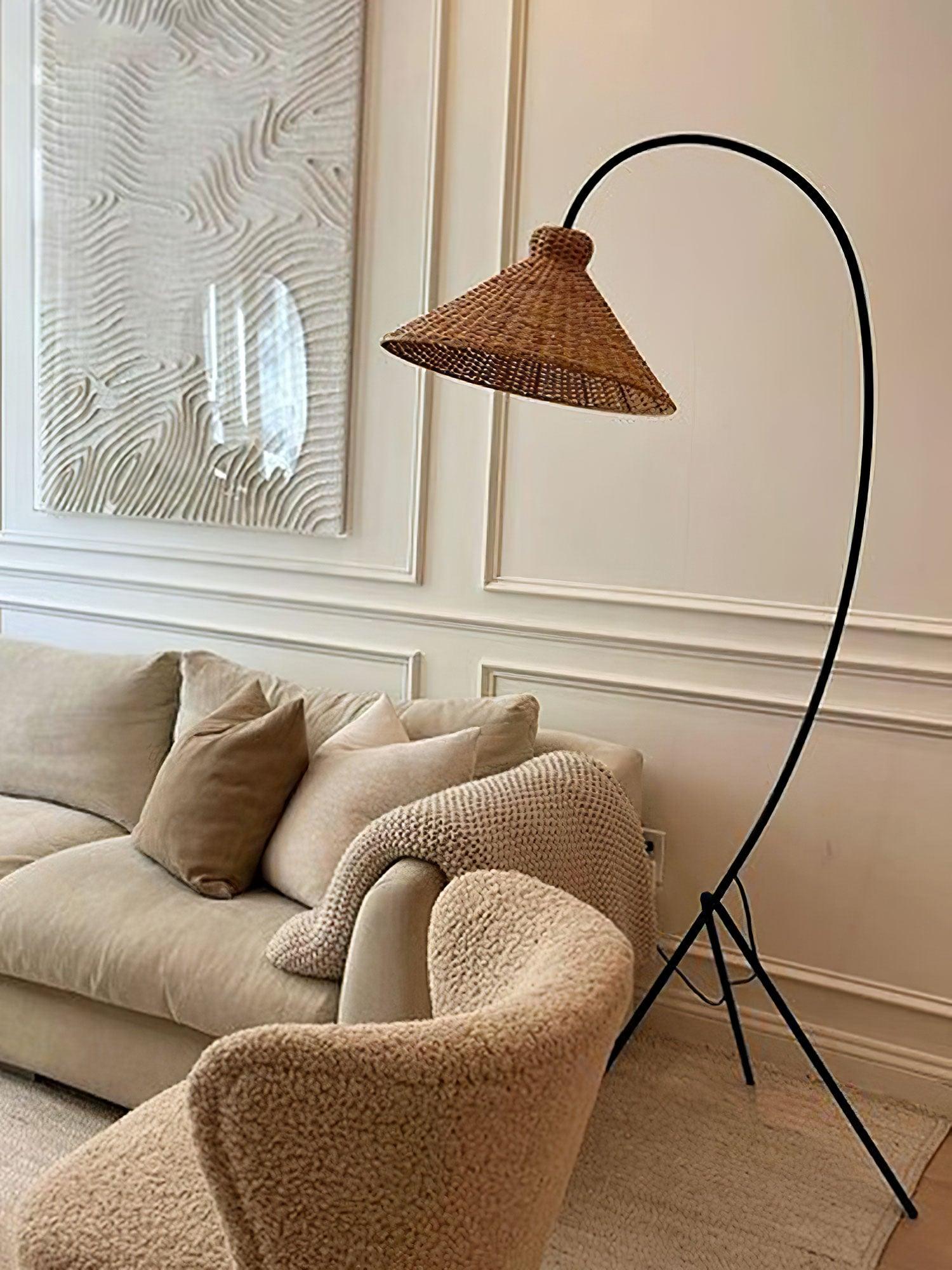 Sombrero Rattan Arc Floor Lamp-Neutral Decor