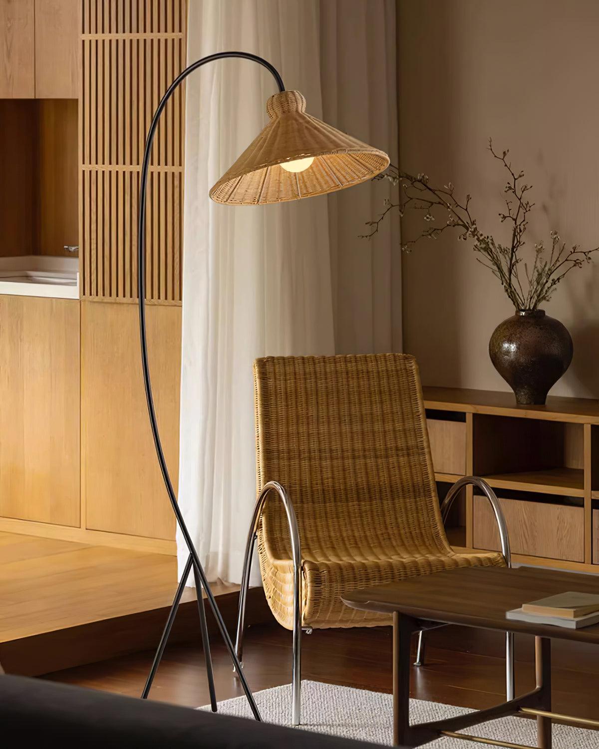Sombrero Rattan Arc Floor Lamp-Neutral Decor