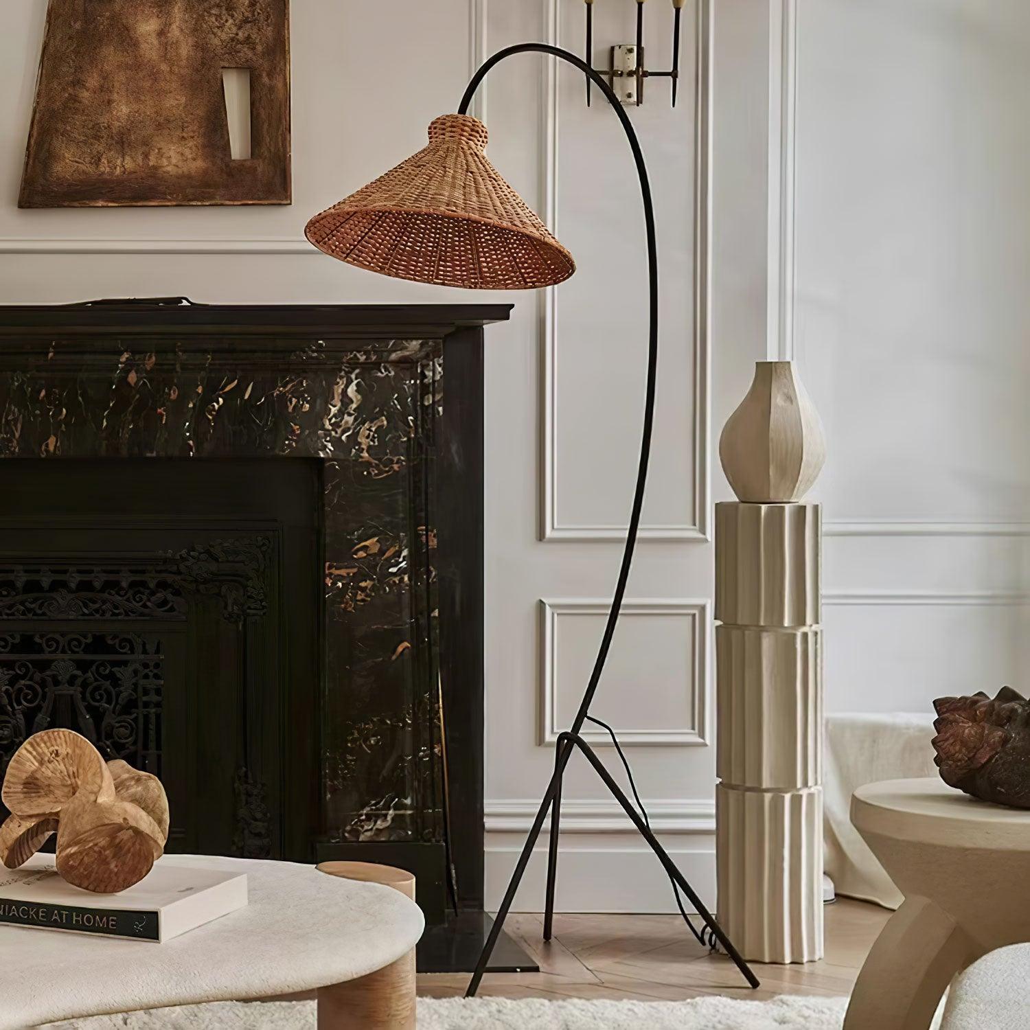Sombrero Rattan Arc Floor Lamp-Neutral Decor