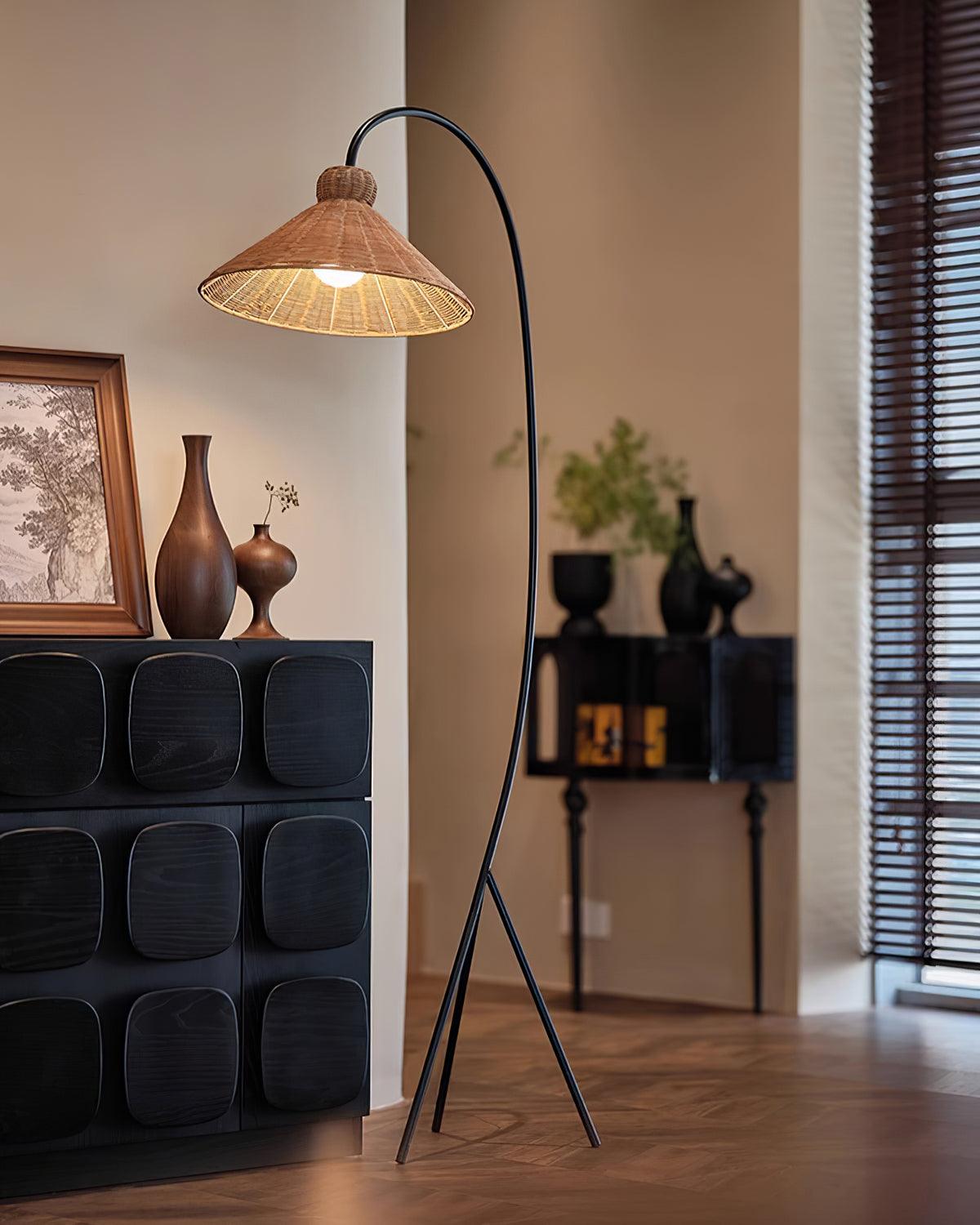 Sombrero Rattan Arc Floor Lamp-Neutral Decor