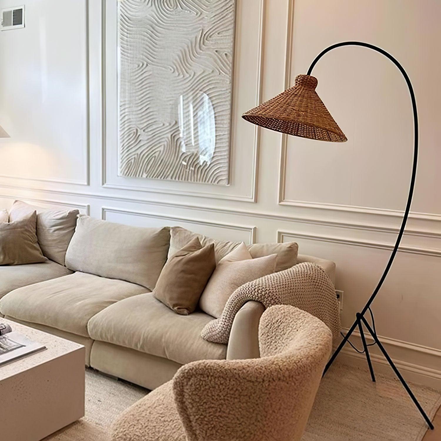 Sombrero Rattan Arc Floor Lamp-Neutral Decor