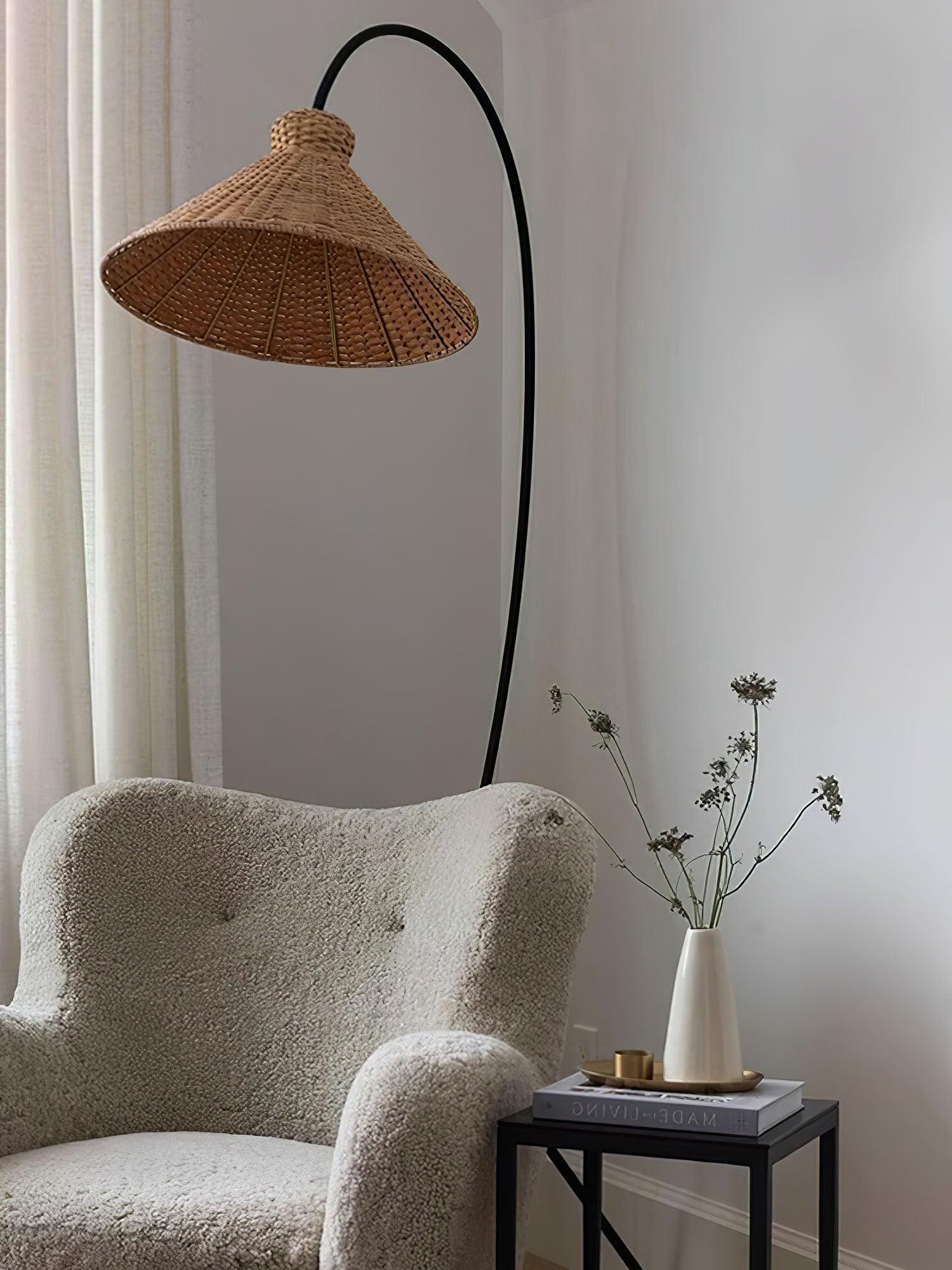 Sombrero Rattan Arc Floor Lamp-Neutral Decor