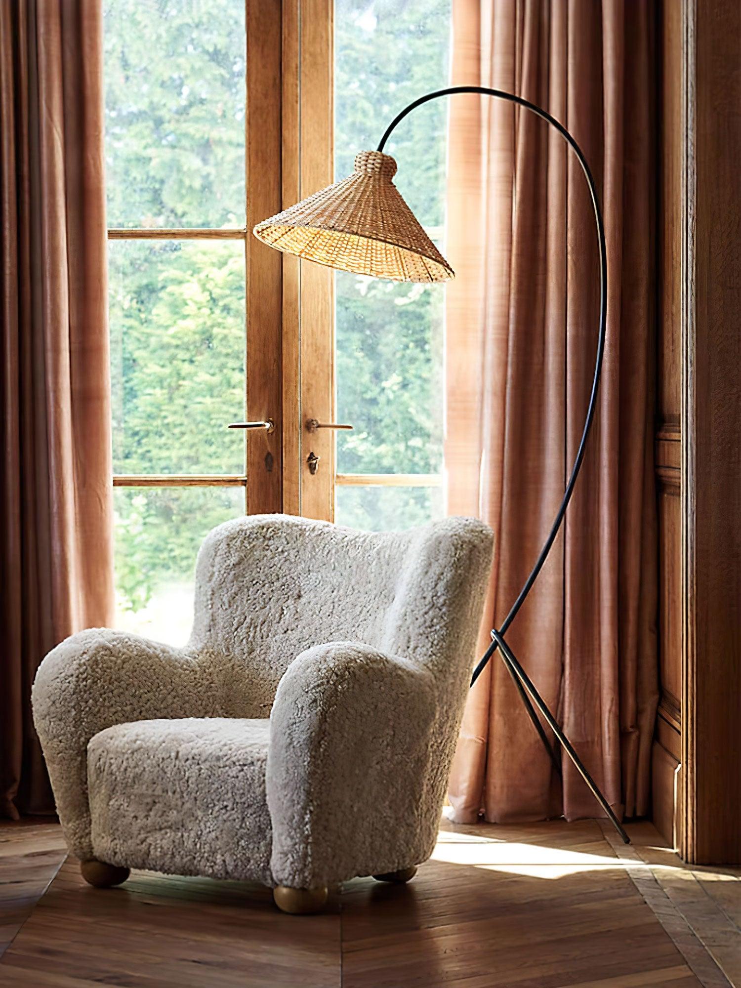 Sombrero Rattan Arc Floor Lamp-Neutral Decor