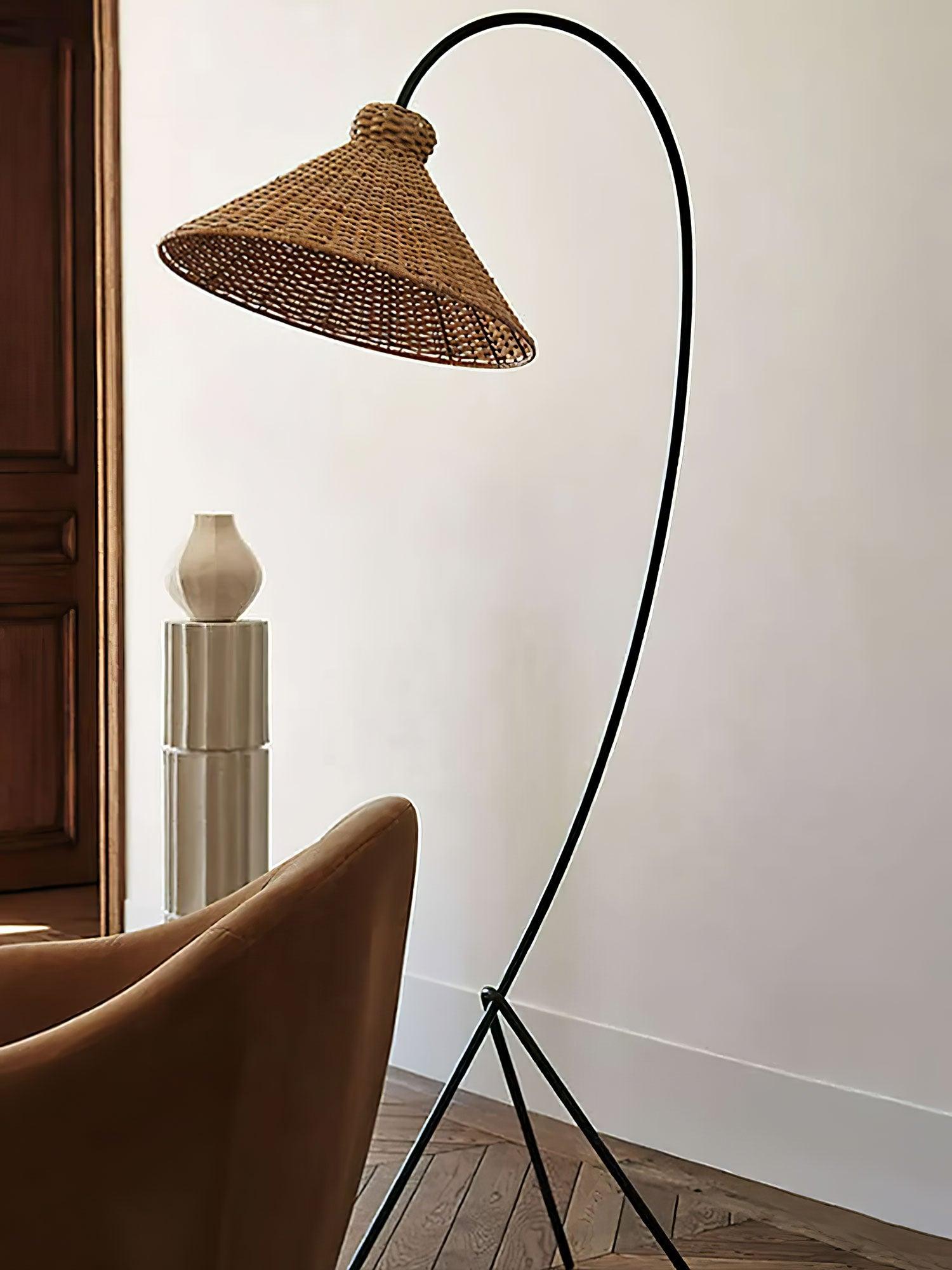 Sombrero Rattan Arc Floor Lamp-Neutral Decor