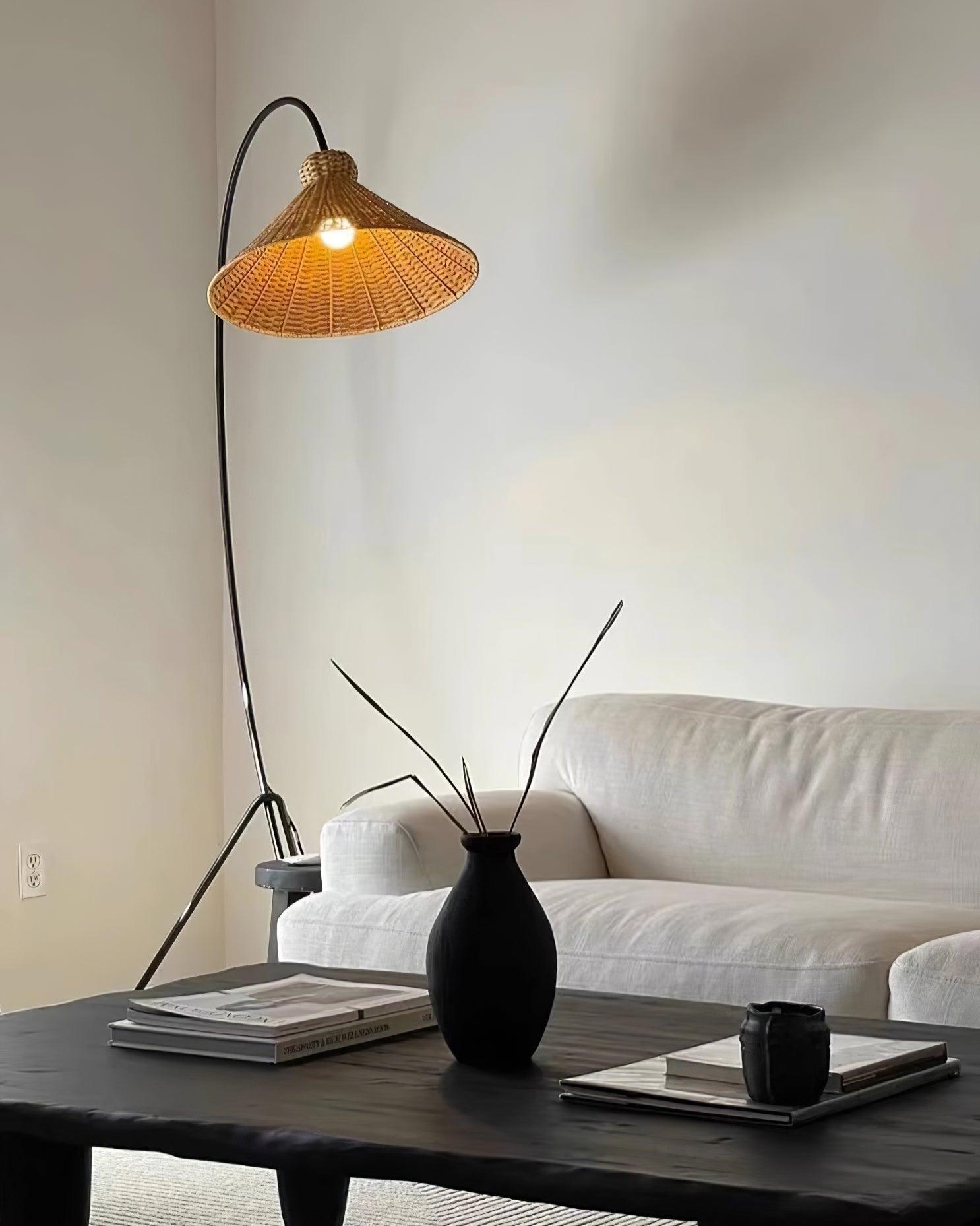 Sombrero Rattan Arc Floor Lamp-Neutral Decor