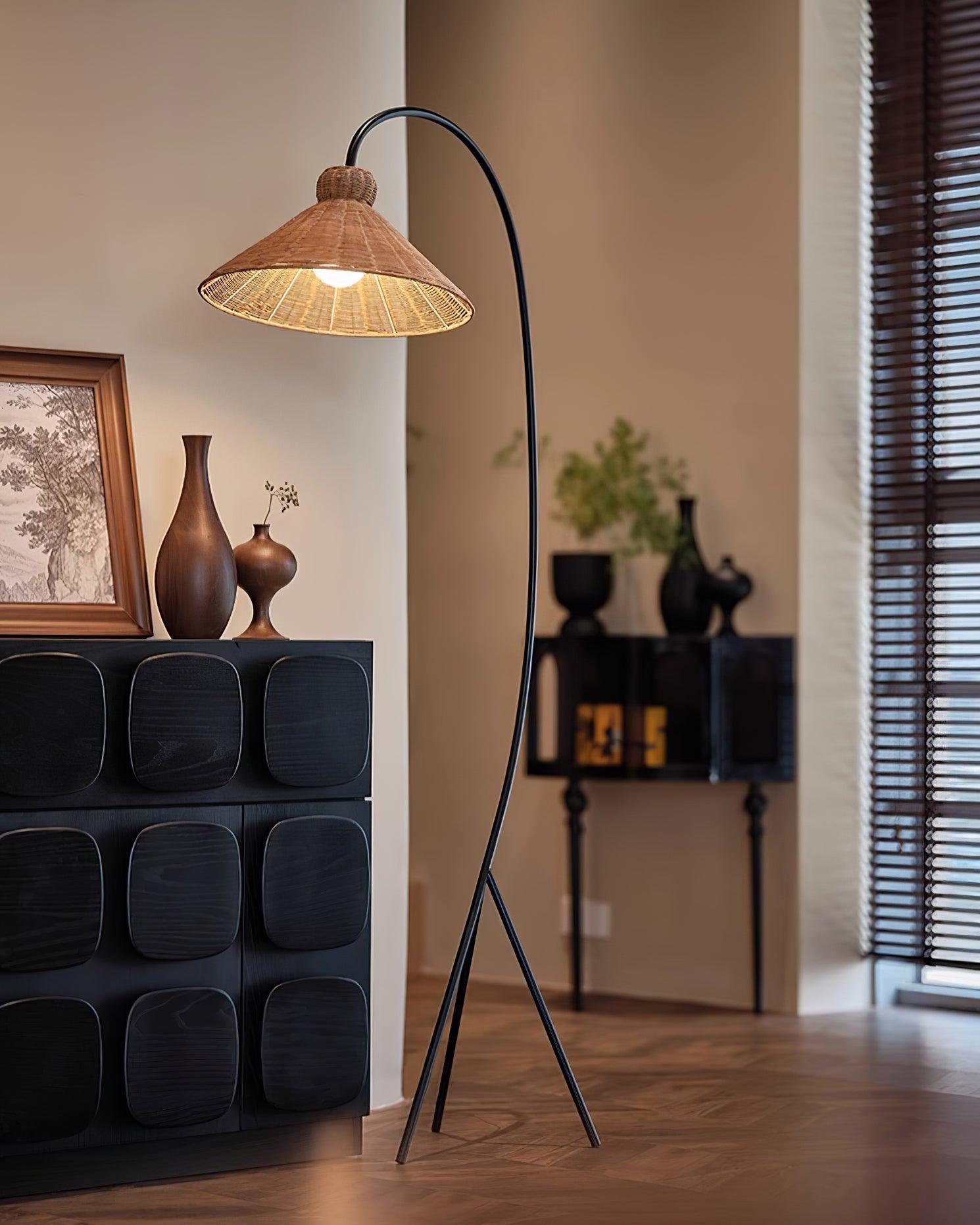 Sombrero Rattan Arc Floor Lamp-Neutral Decor