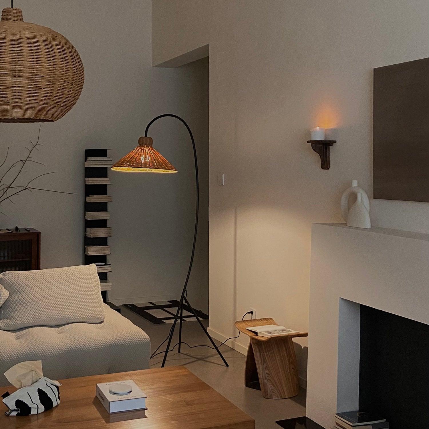 Sombrero Rattan Arc Floor Lamp-Neutral Decor