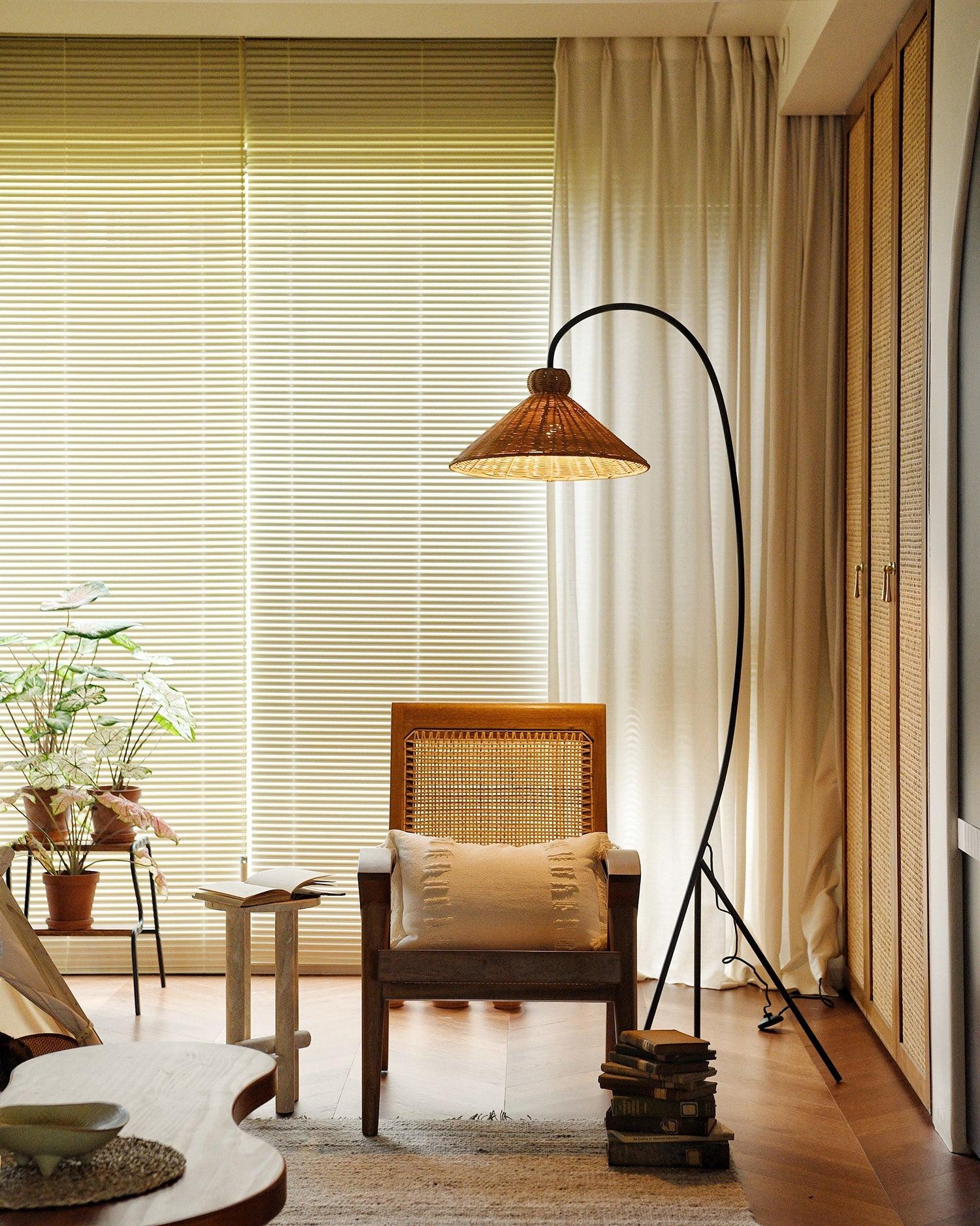 Sombrero Rattan Arc Floor Lamp-Neutral Decor