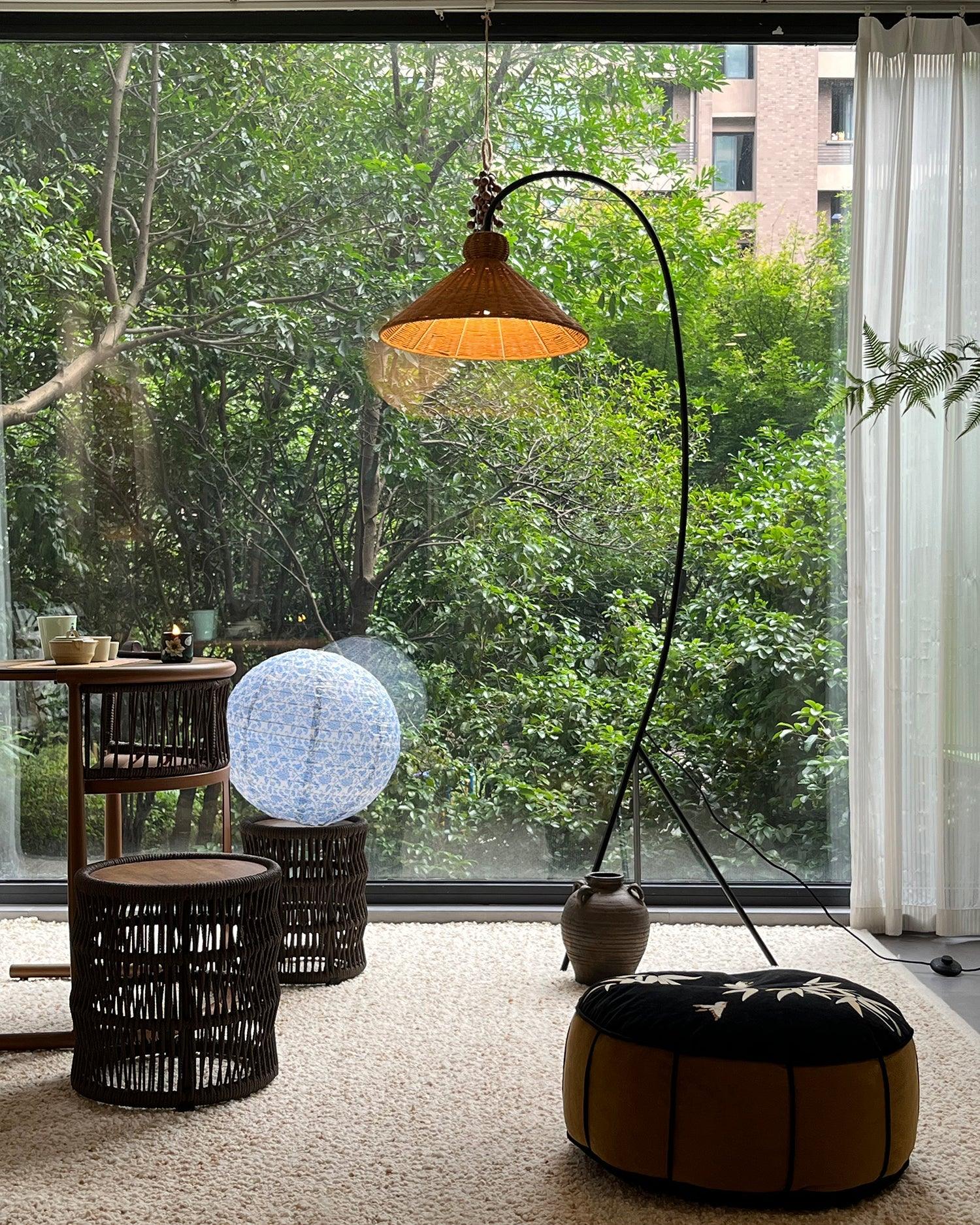 Sombrero Rattan Arc Floor Lamp-Neutral Decor