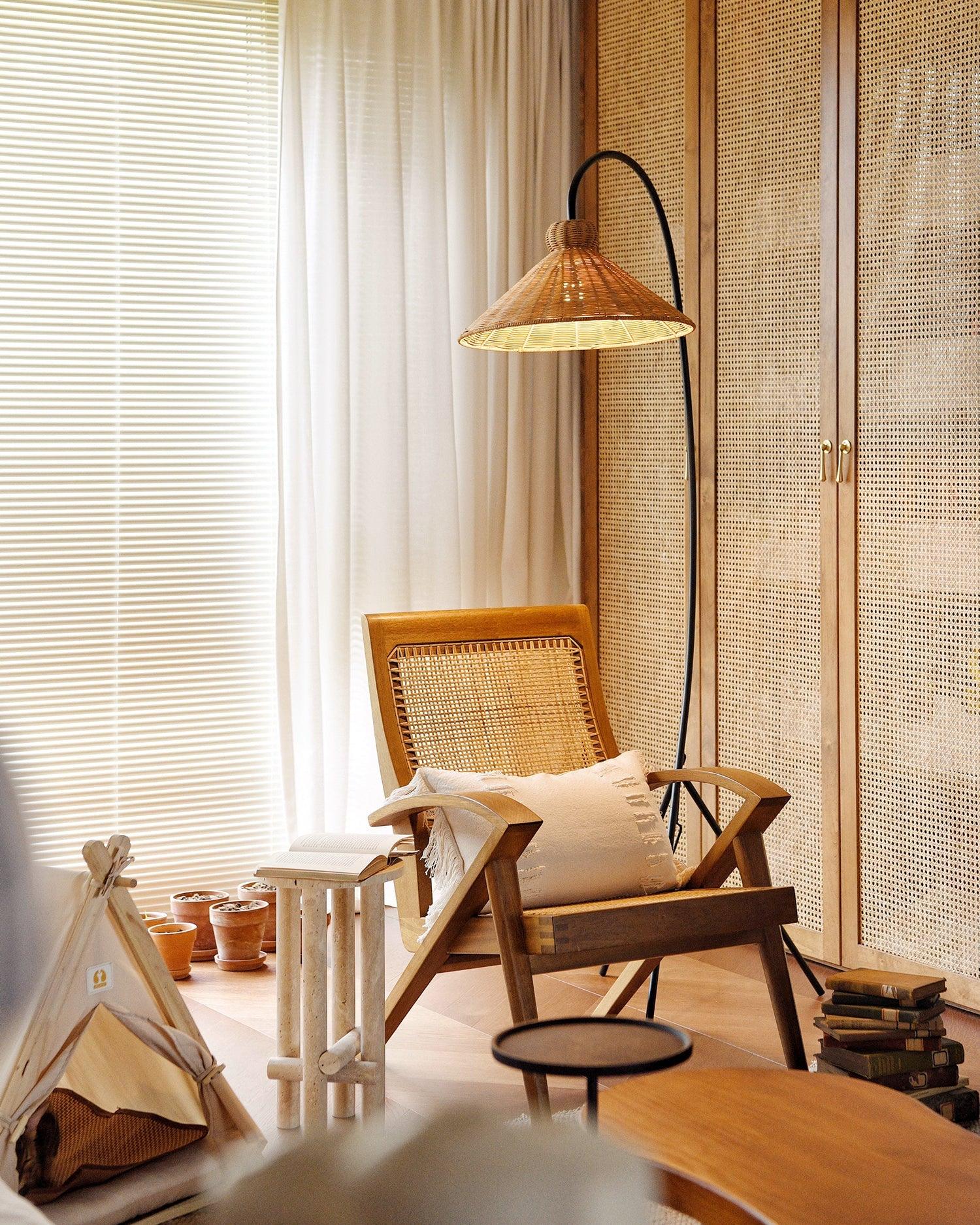Sombrero Rattan Arc Floor Lamp-Neutral Decor