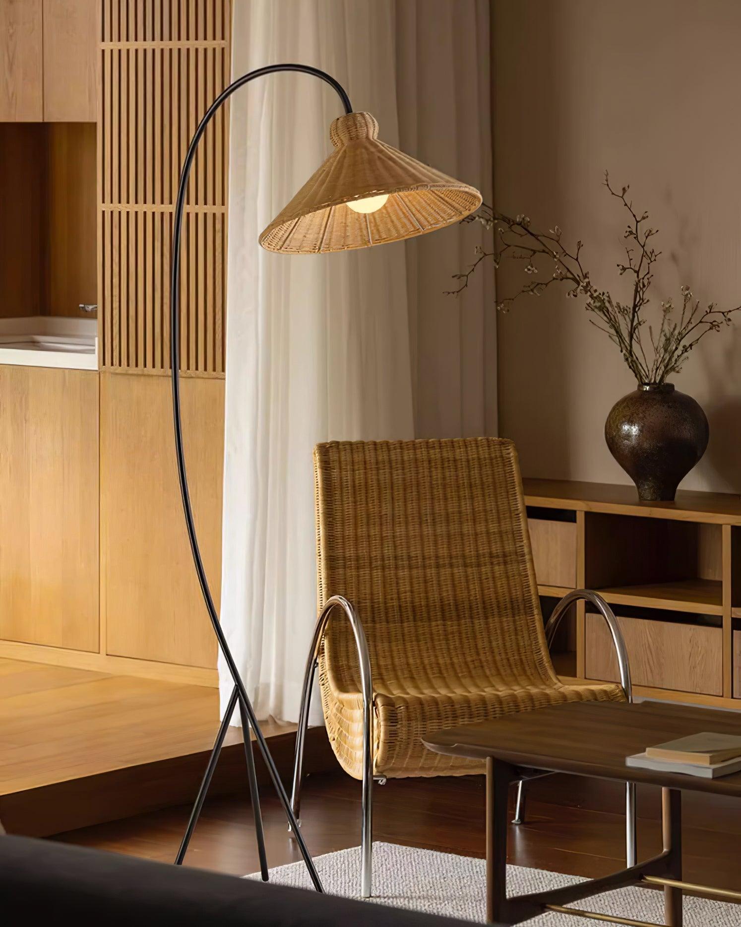 Sombrero Rattan Arc Floor Lamp-Neutral Decor