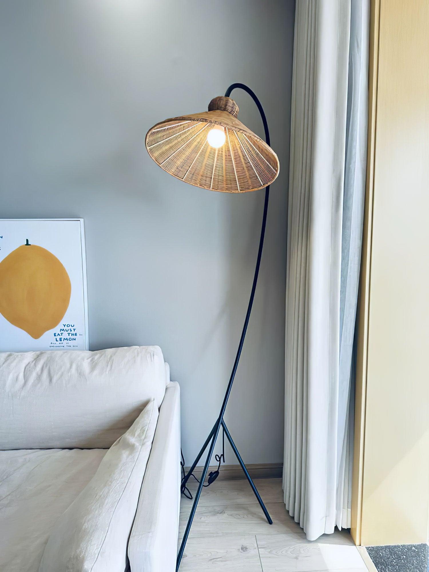 Sombrero Rattan Arc Floor Lamp-Neutral Decor
