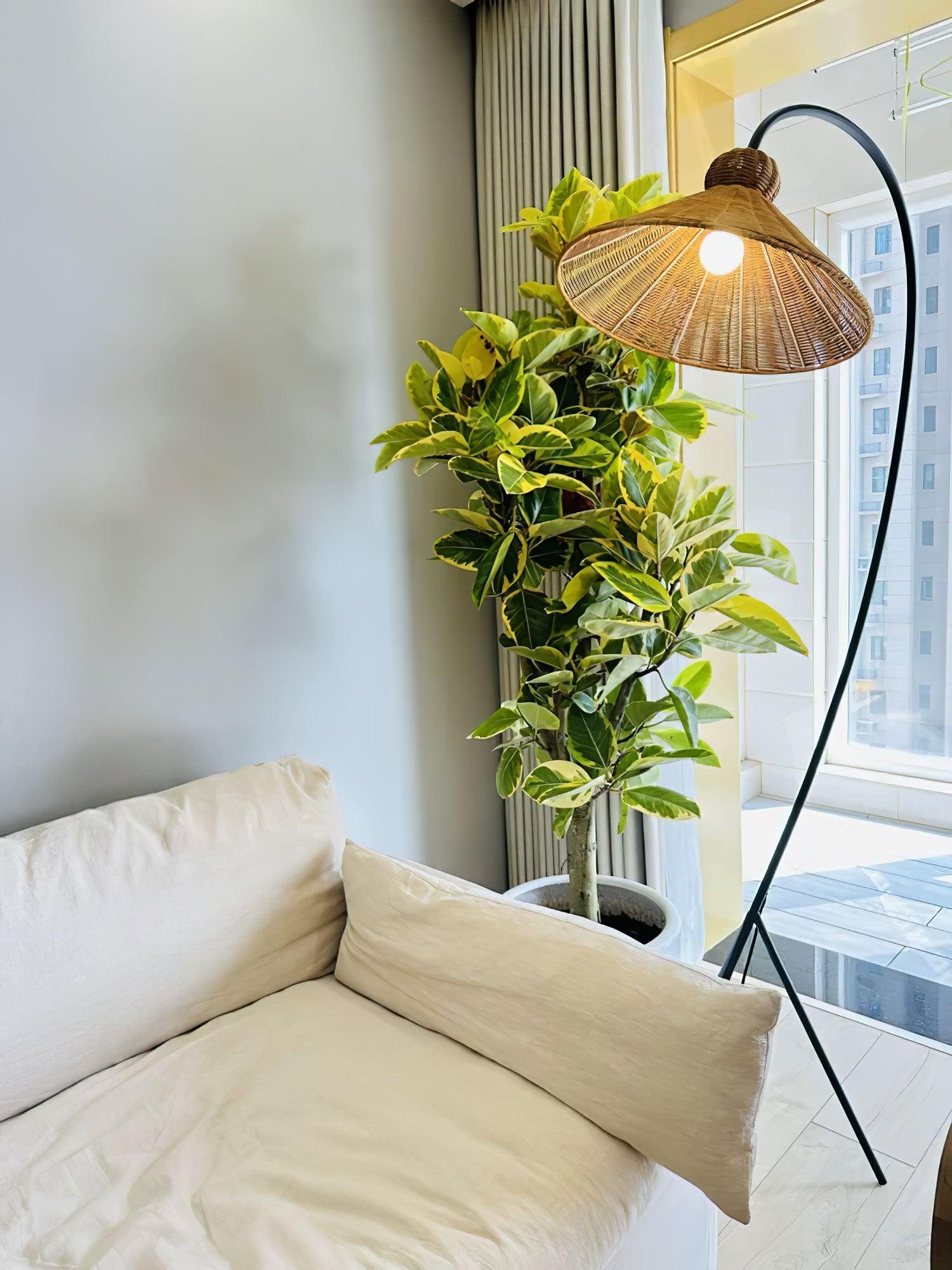 Sombrero Rattan Arc Floor Lamp-Neutral Decor